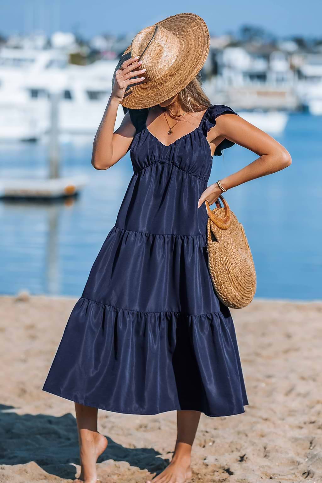 Navy Blue Sweetheart Neck Midi Dress