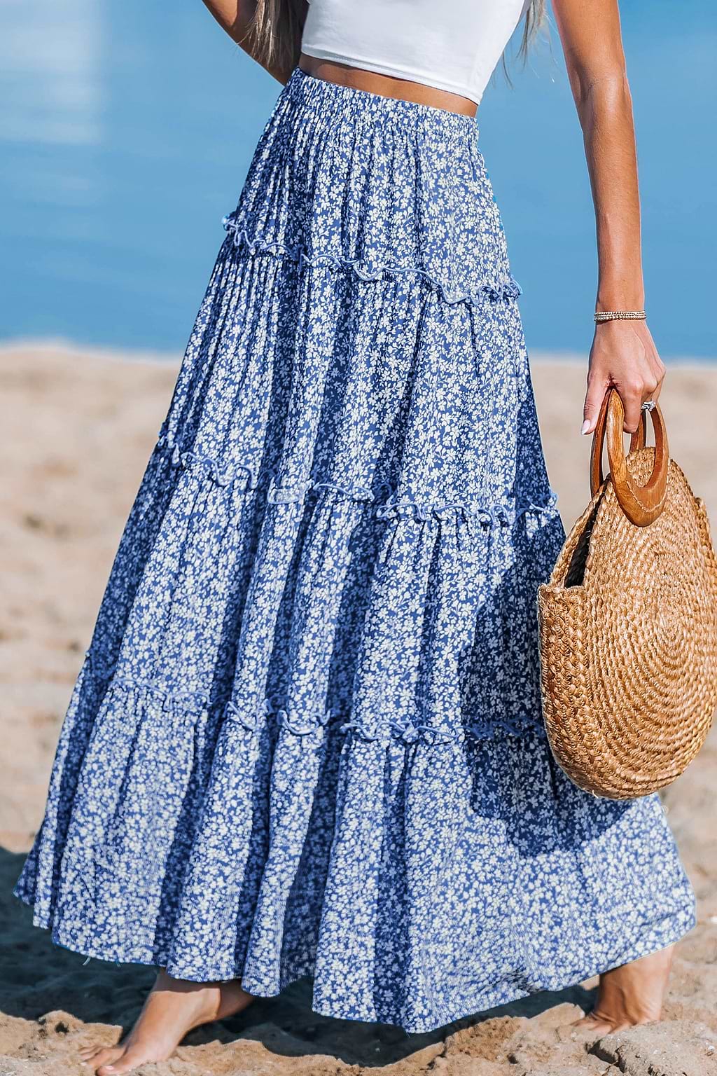 Blue Bouquet Ruffled Maxi Skirt