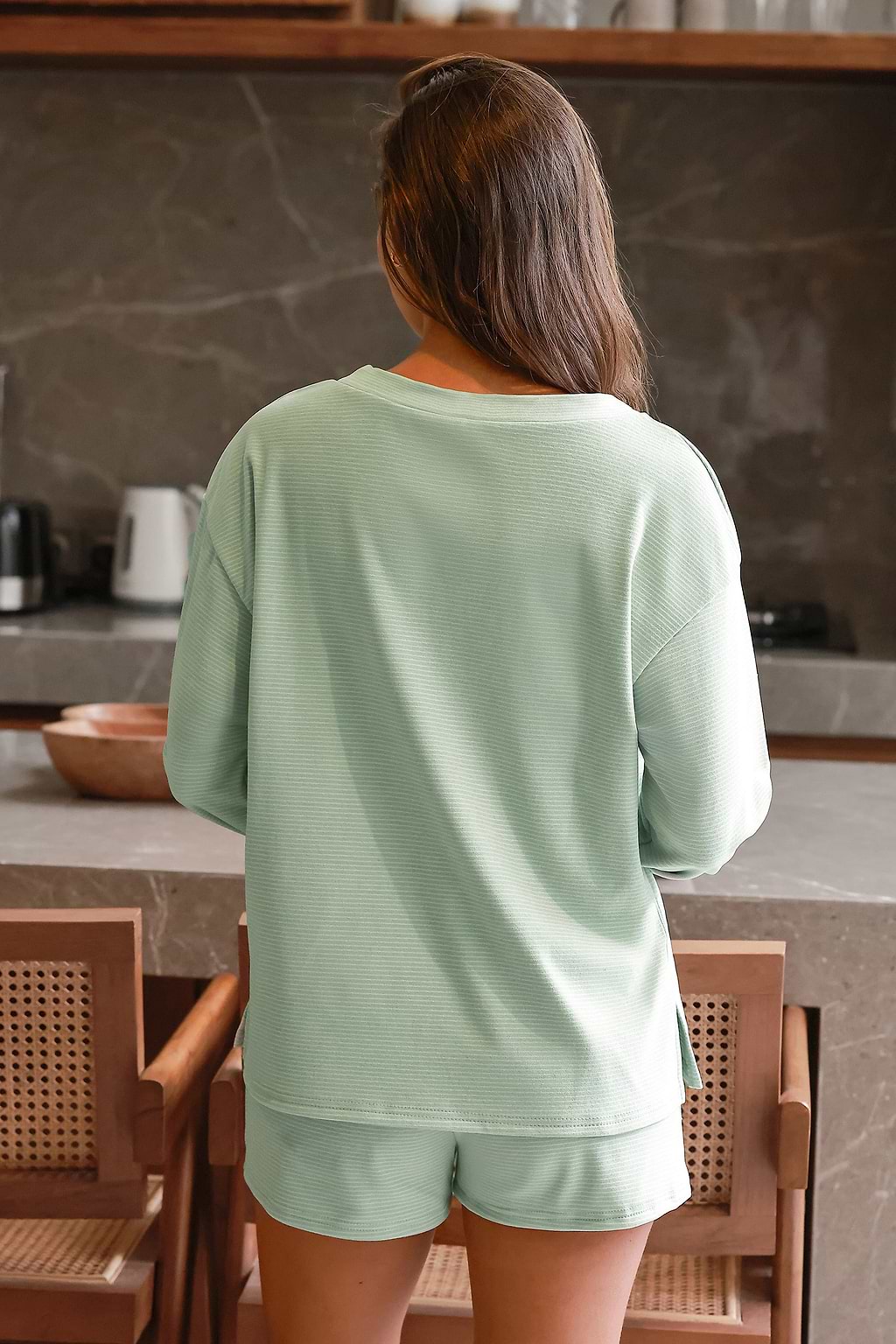 Sage Green Striped V-Neck Top & Pajama Bottoms Set