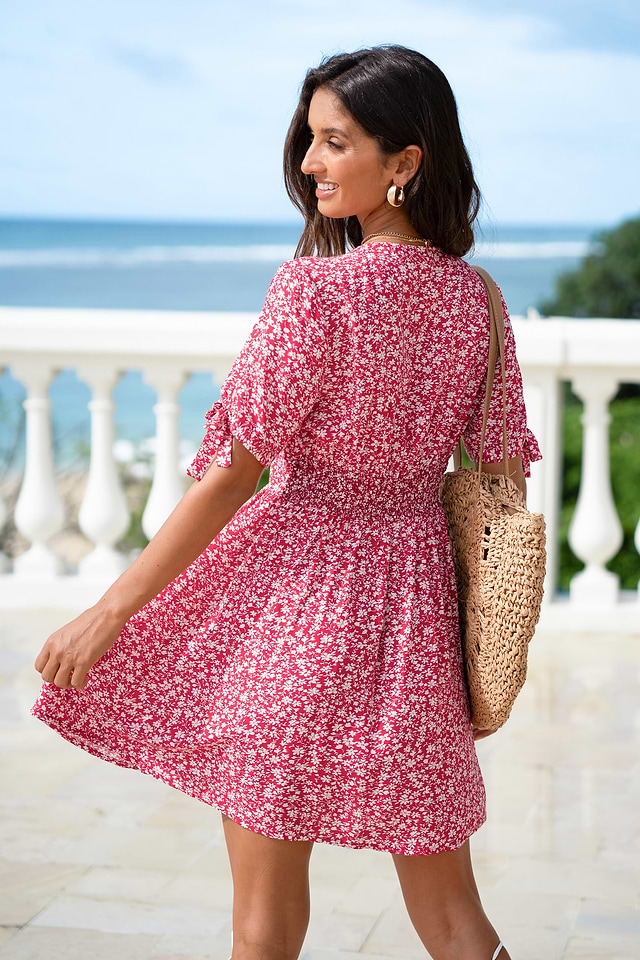 red floral mini dress Cotton - Floral Dresses Back Neckline Godet Floral Mini Dress