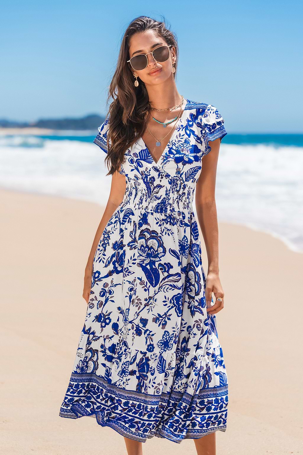Blue Floral Smocked Waist Midi Dress