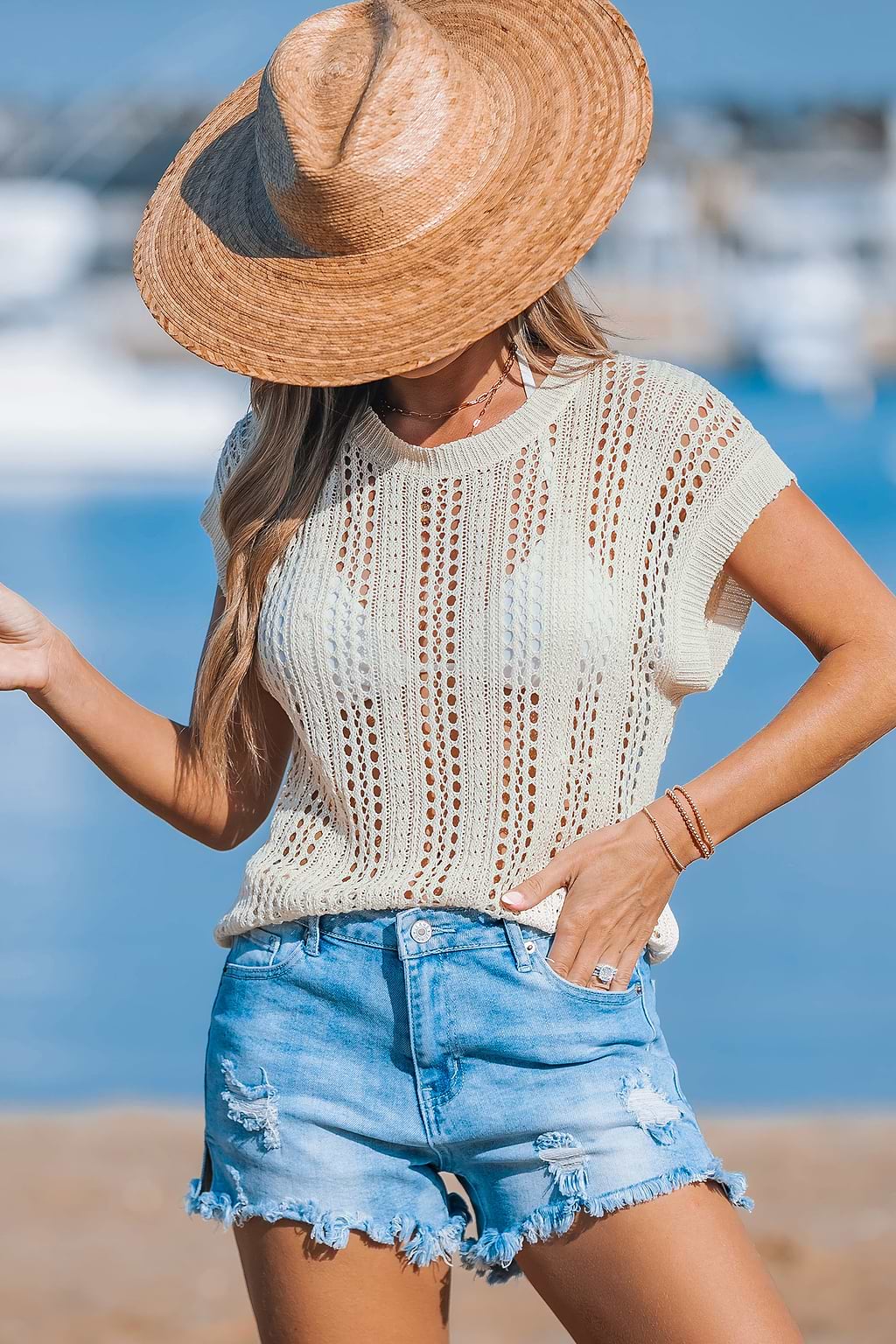 Beige Crochet Short Sleeve Cover Up Top