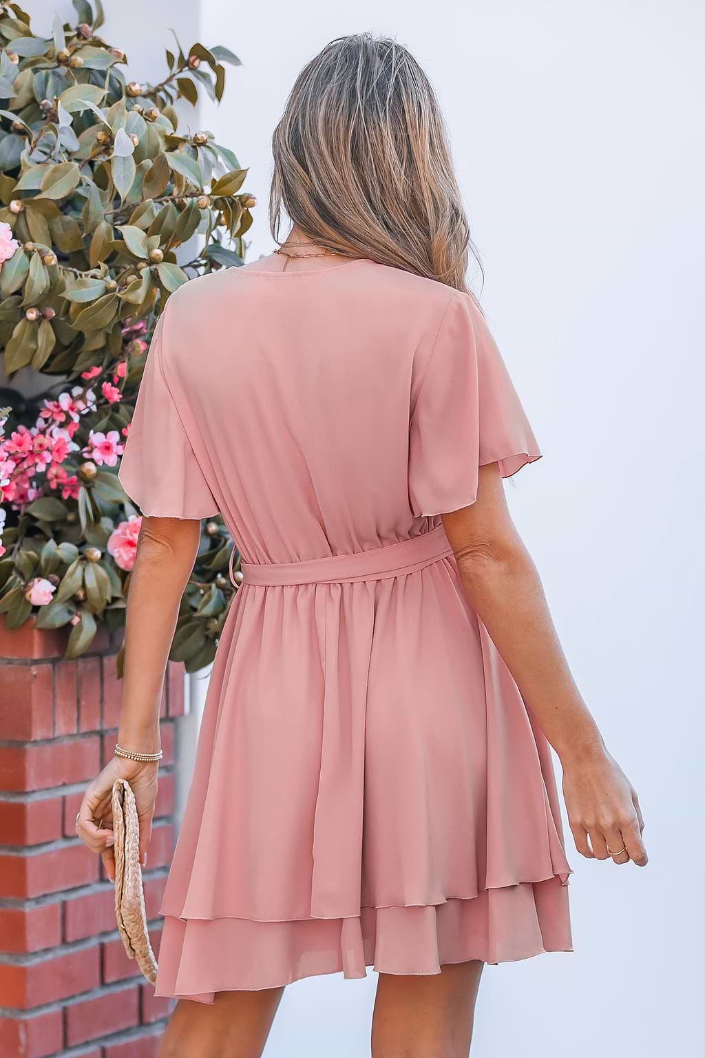 Petal Pink Surplice Tiered Mini Dress