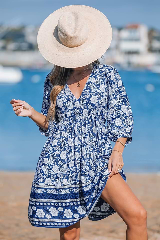 blue floral v neck dress V-Neck Light Blue Floral Print Summer Dress – FancyVestido