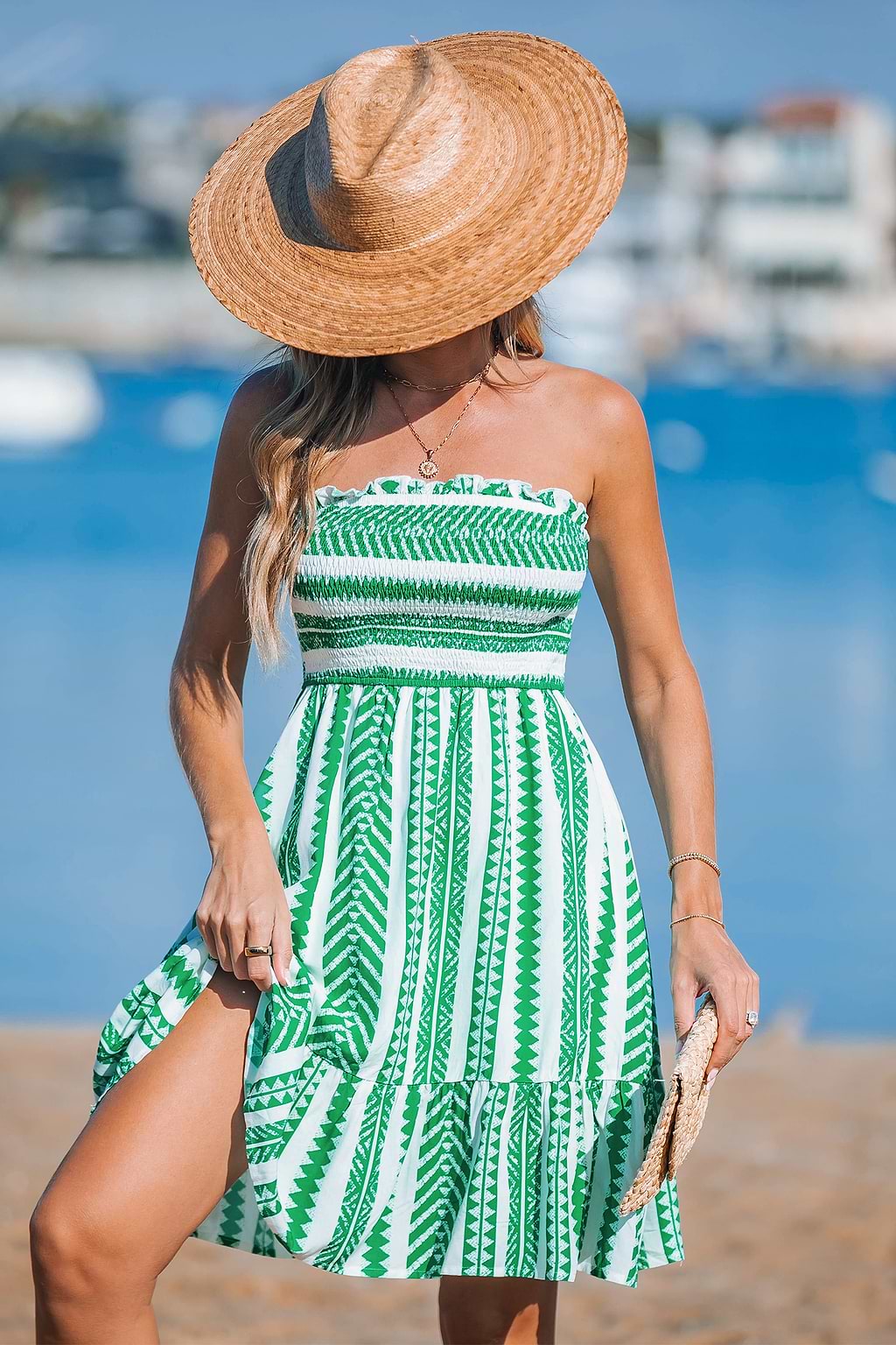 Green Boho Smocked Mini Dress