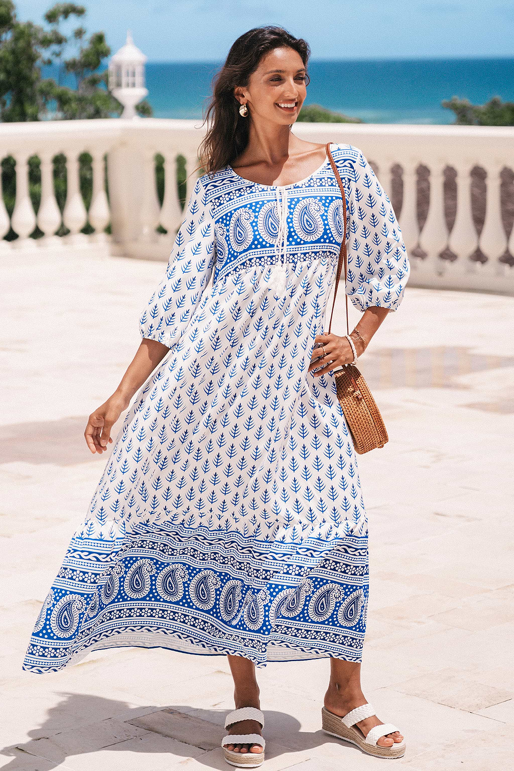Blue Paisley Half Sleeve Midi Dress