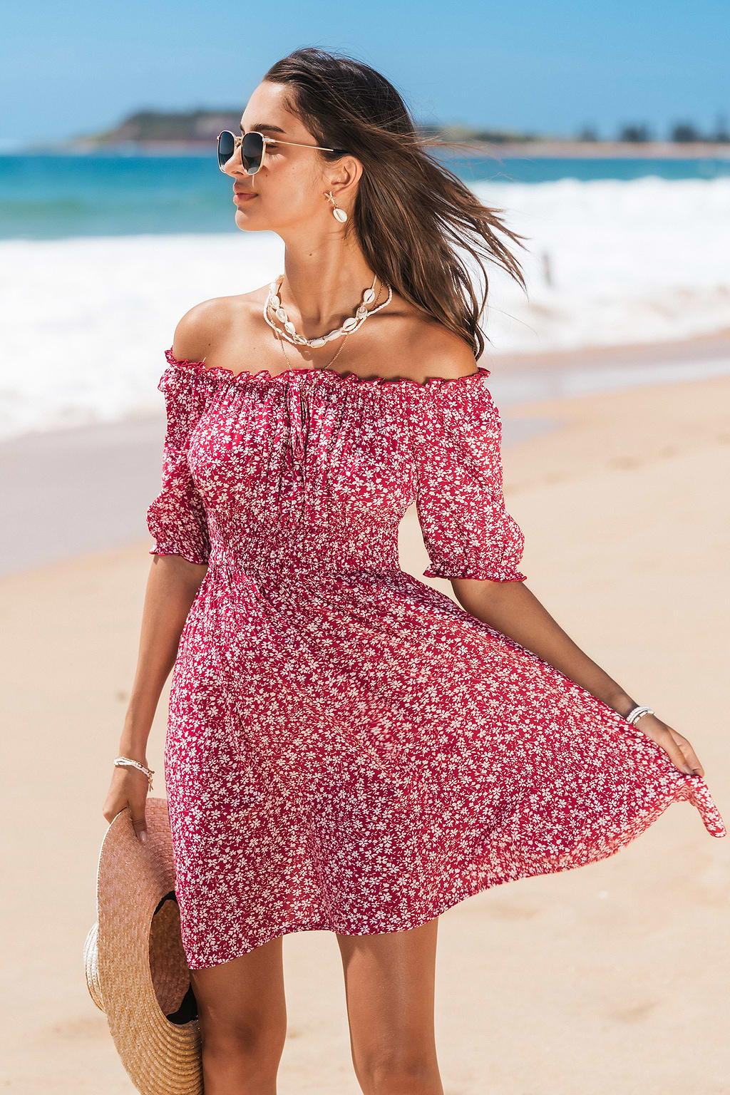 Red Florals Off-Shoulder Mini Dress