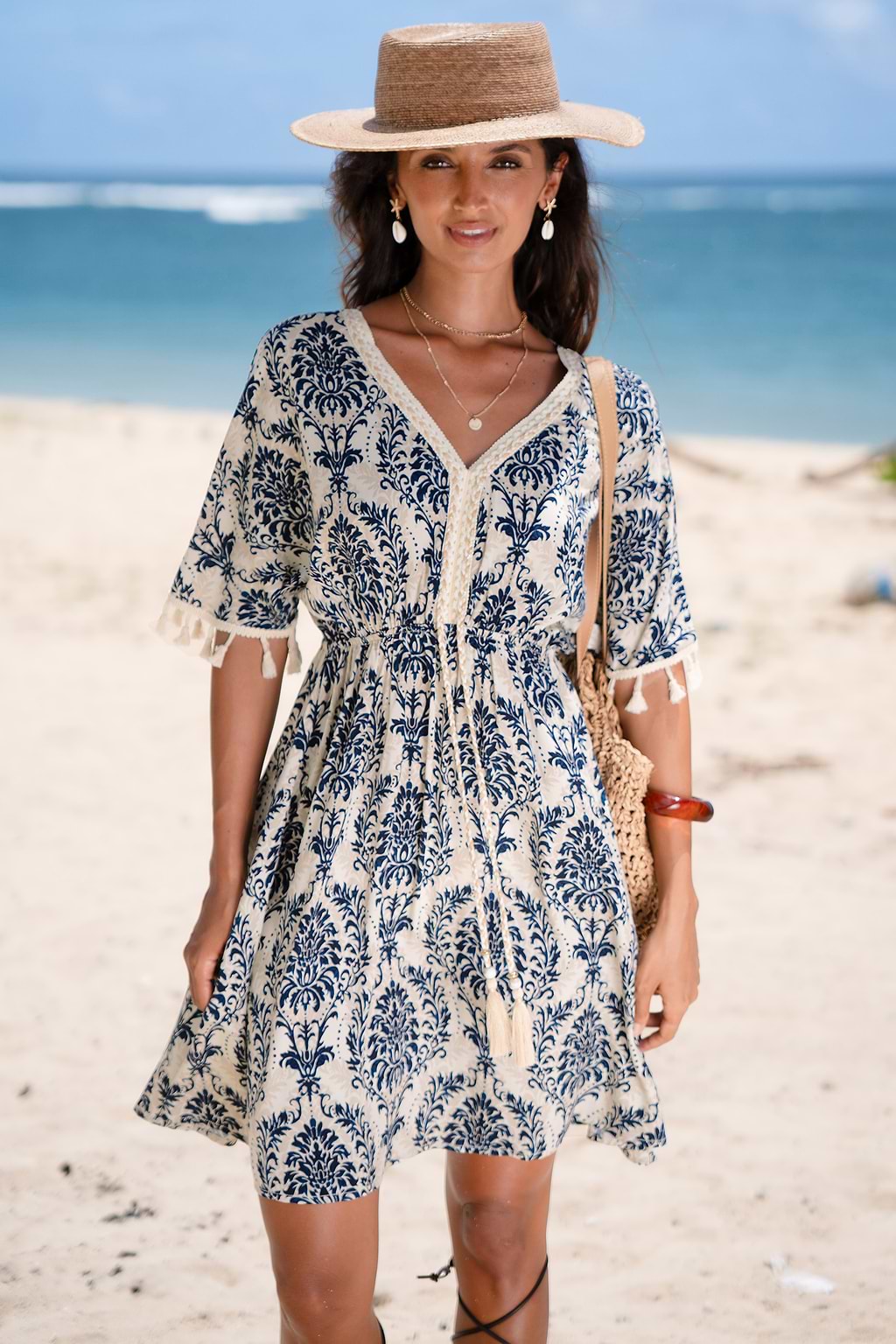 Blue Boho V-Neck Mini Dress