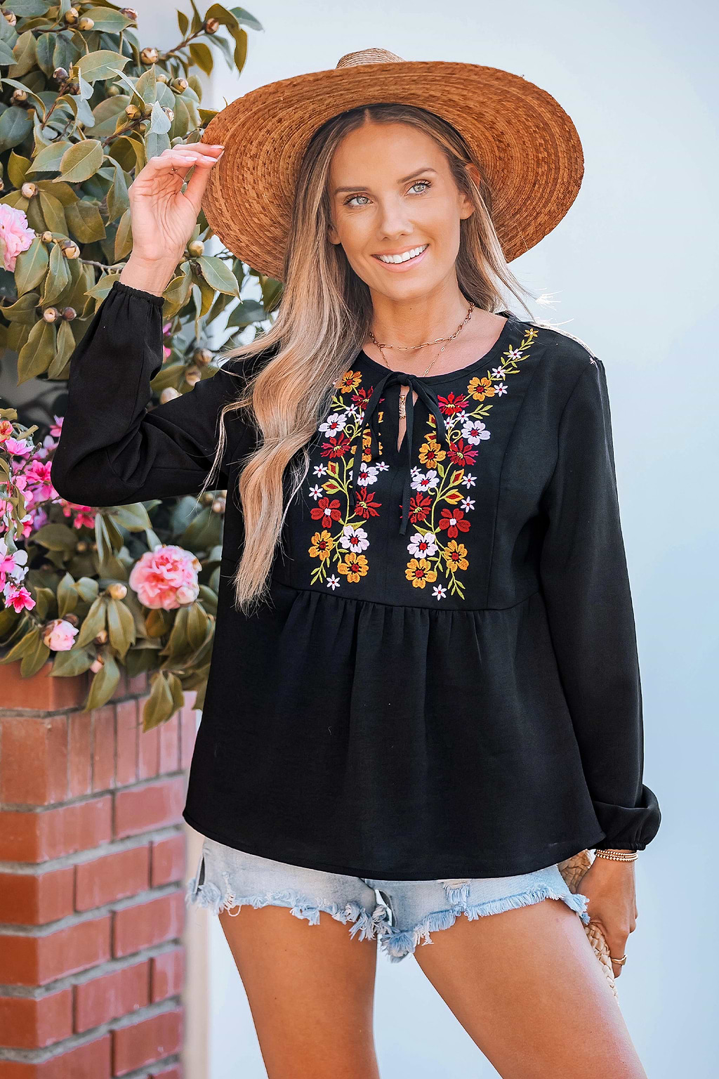 Spring Blossom Embroidery Long Sleeve Top