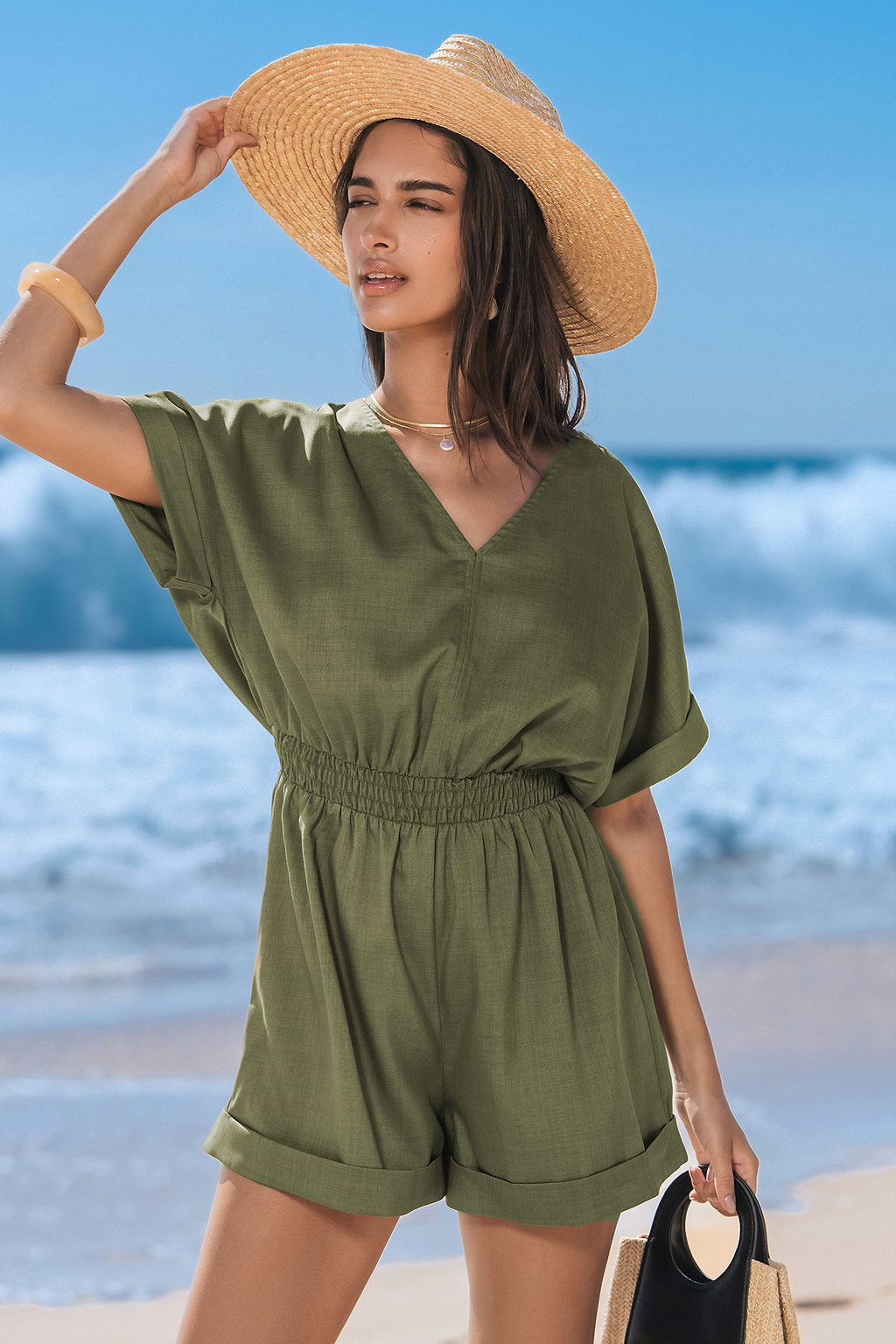 Tuta a gamba dritta con scollo a V verde oliva