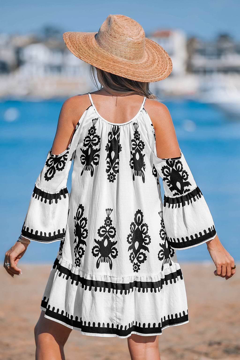 Black & White Ornate Cold Shoulder Mini Dress