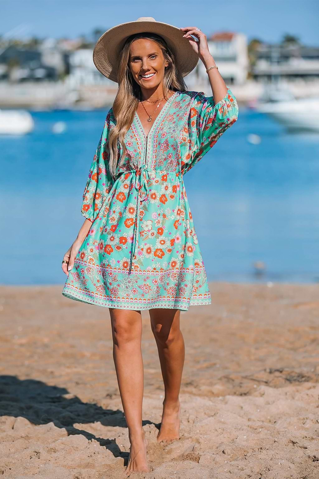 Teal Paisley Plunging Mini Dress
