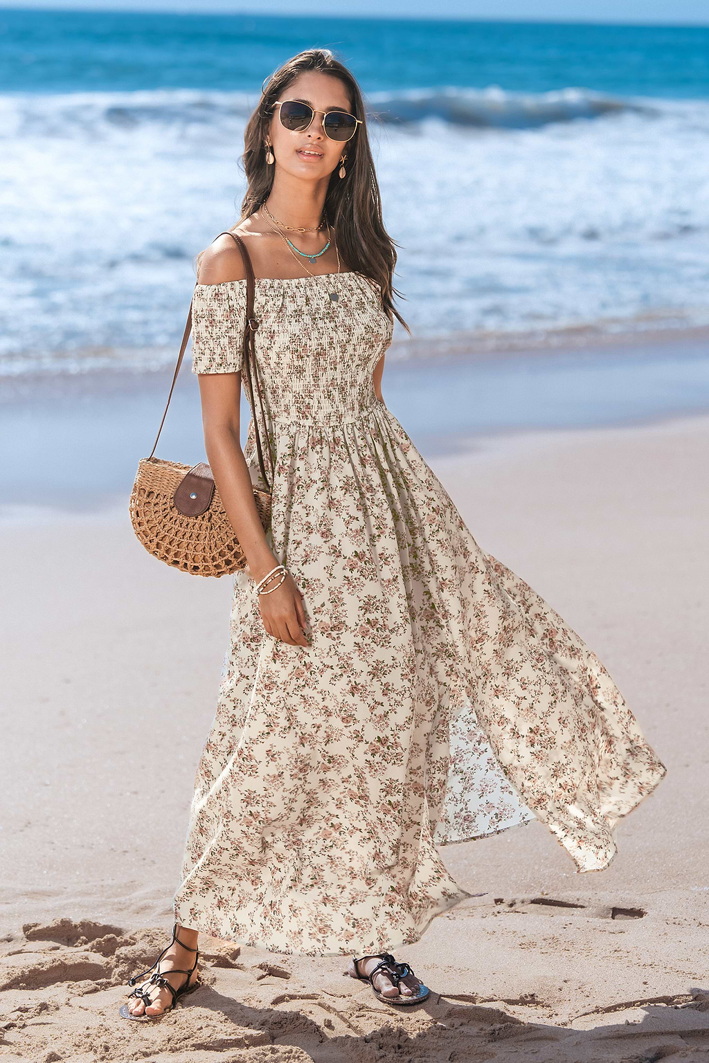 Pink Floral Off-Shoulder Maxi Dress