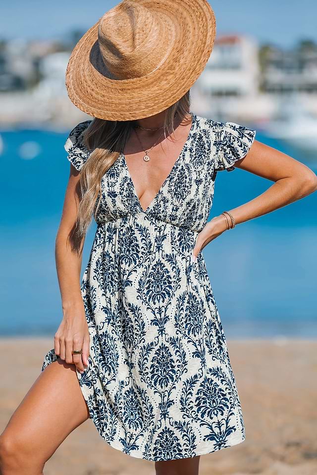 Ornate Smocked Plunging Mini Dress