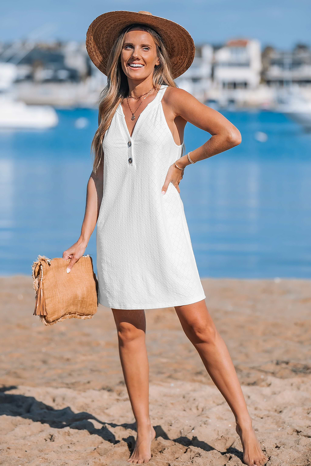 White Notched Neck Cover-Up Mini Dress