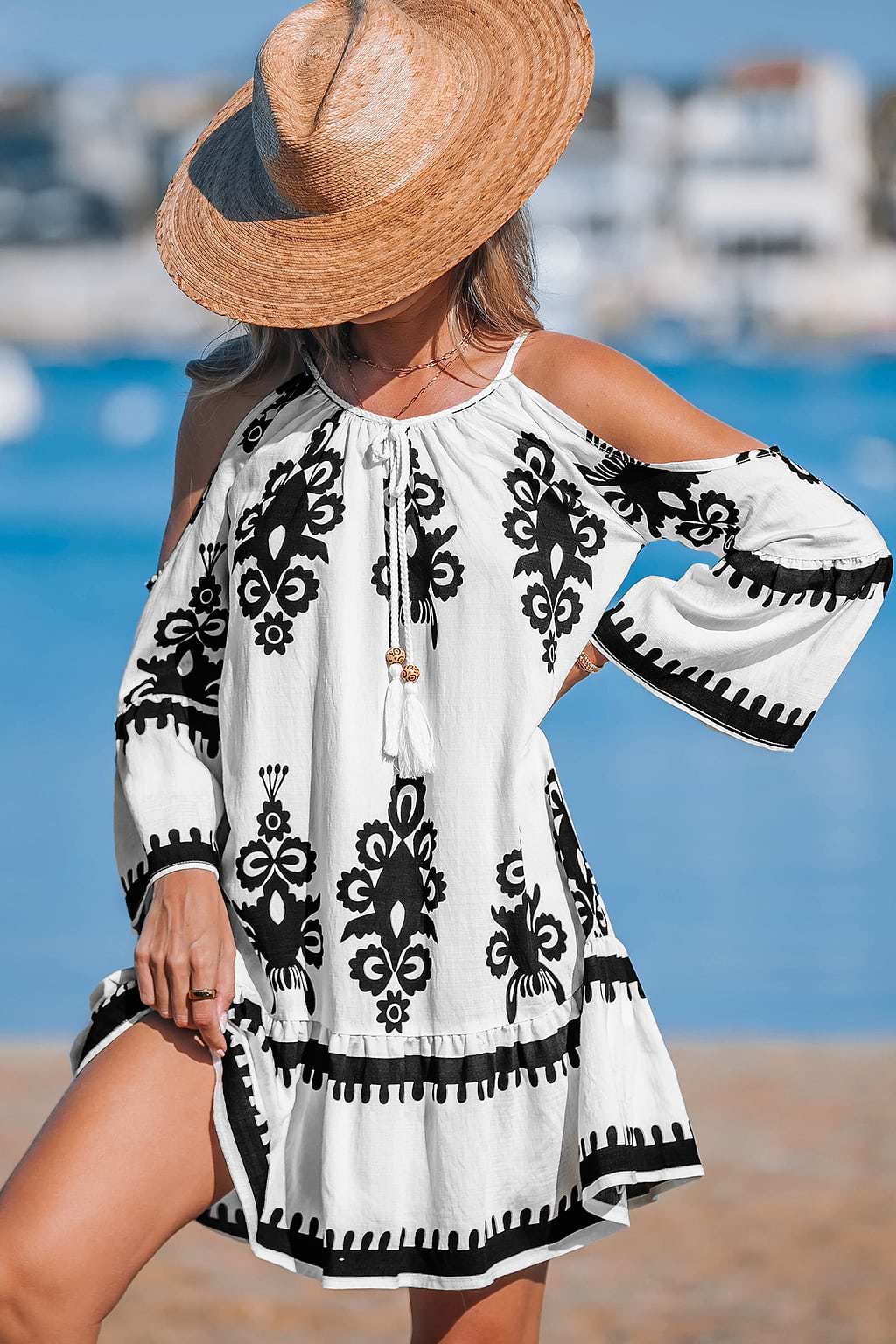 Black & White Ornate Cold Shoulder Mini Dress