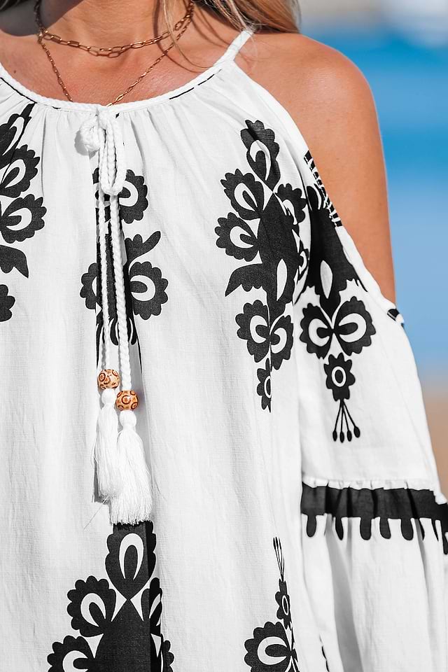 Black & White Ornate Cold Shoulder Mini Dress
