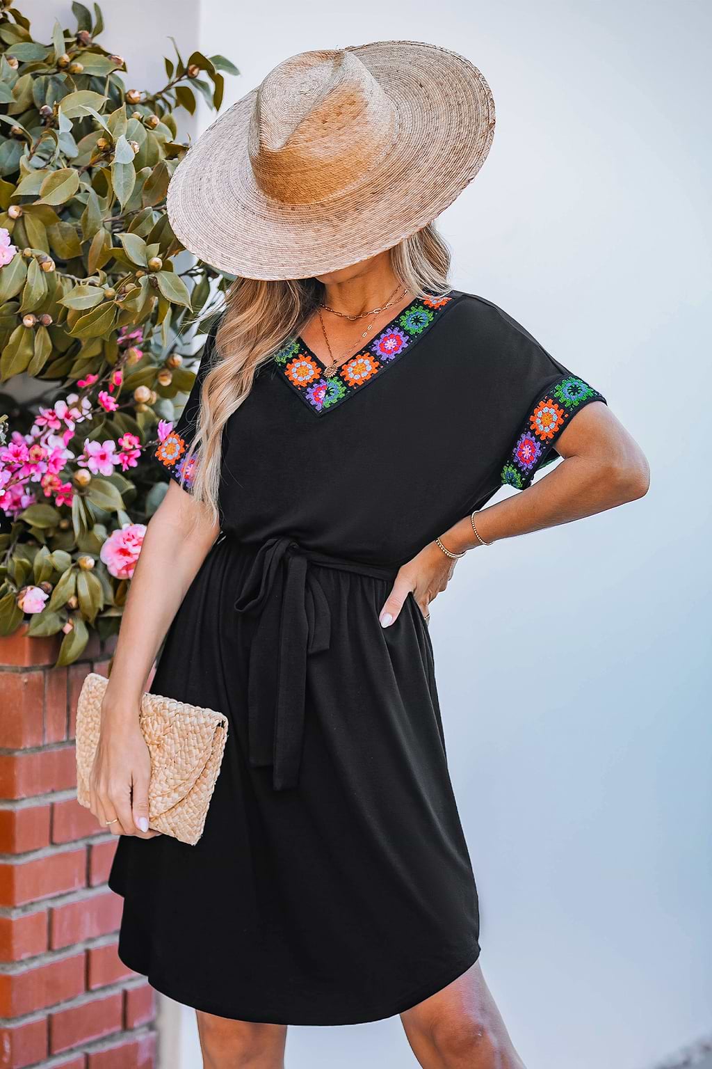 Black Crochet Trim V-Neck Midi Dress
