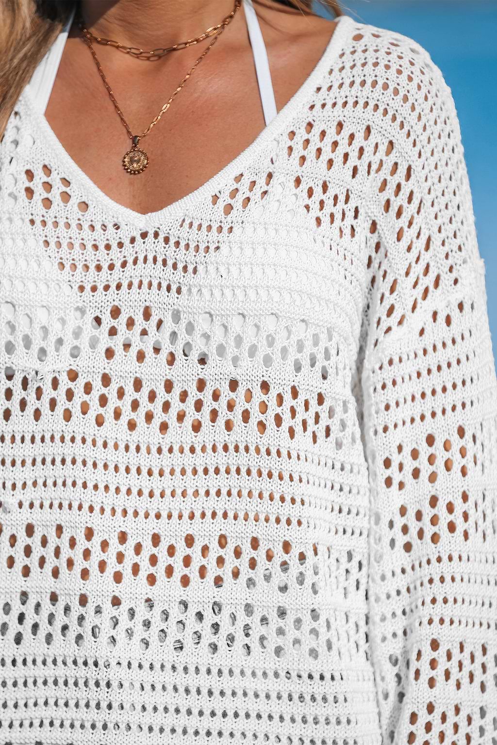White Crochet Long Sleeve Cover-Up Top
