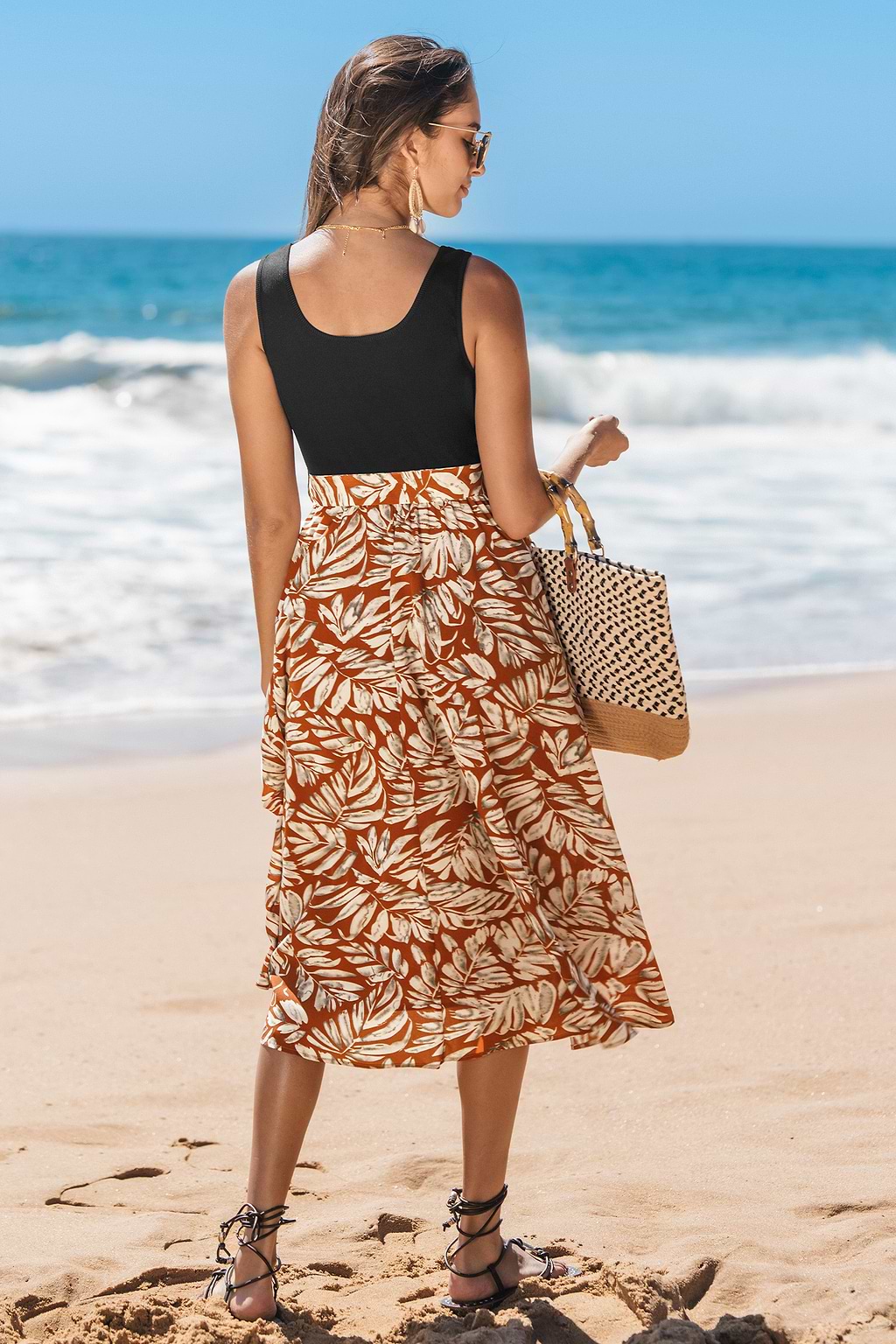 Tropical Palms Square Neck Midi Dress