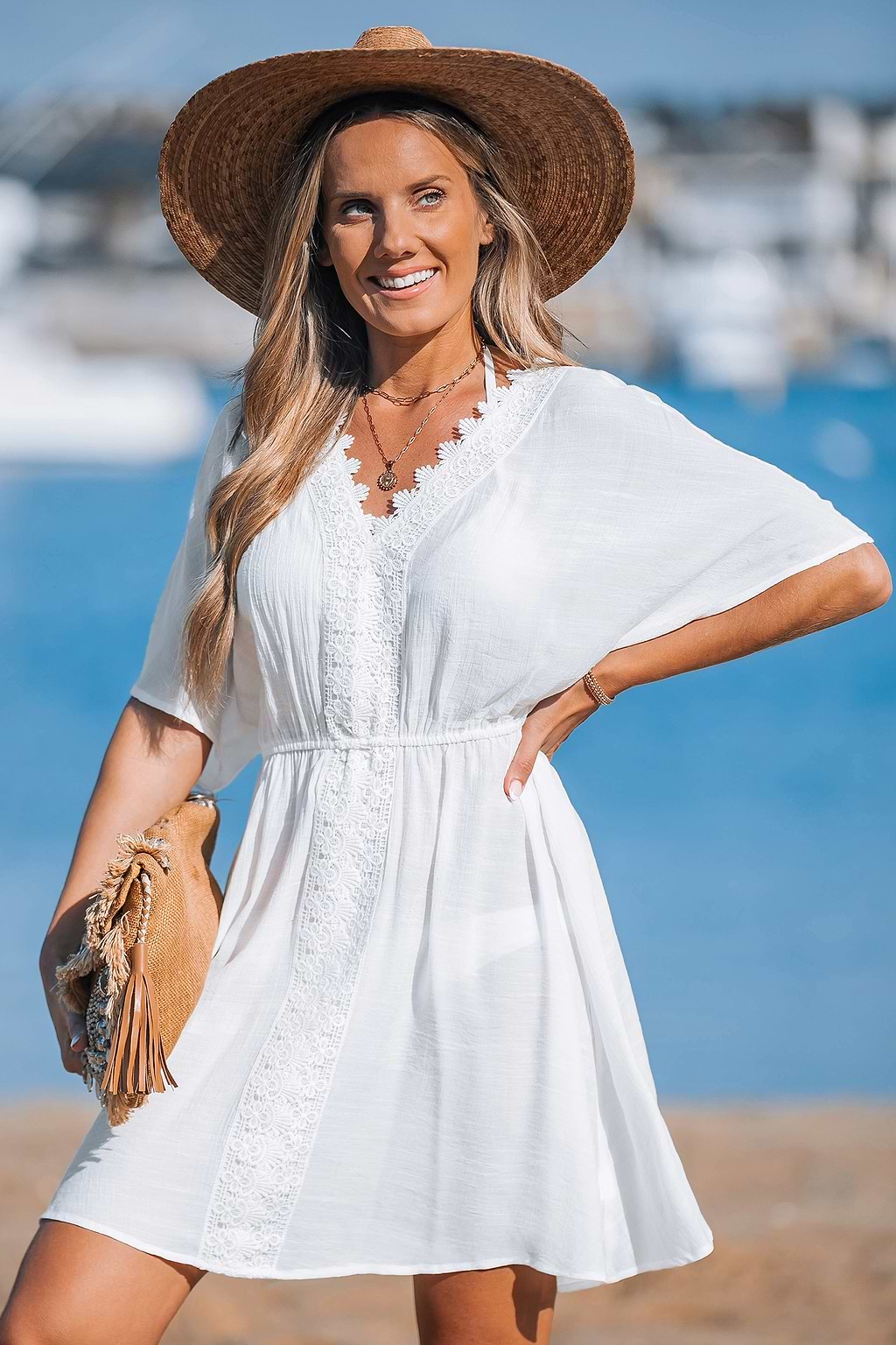 White Lace Trim Cover-Up Mini Dress