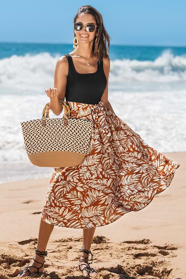 Hawaiian Dress| Tropical Palms Square Neck Midi Dress - Orange - S