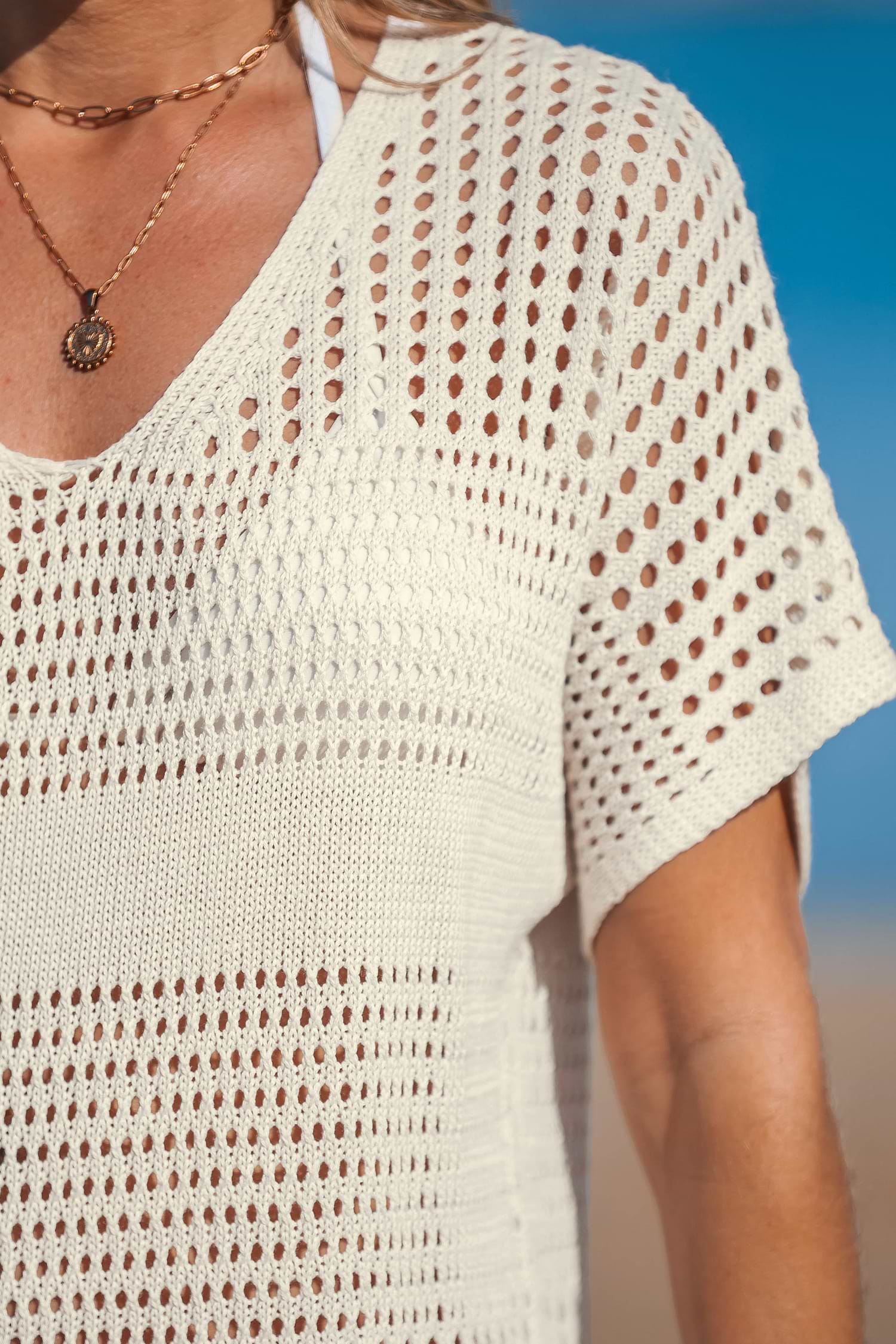 トップス cooco Beige Crochet Short Sleeve Cover-Up Mini Dress