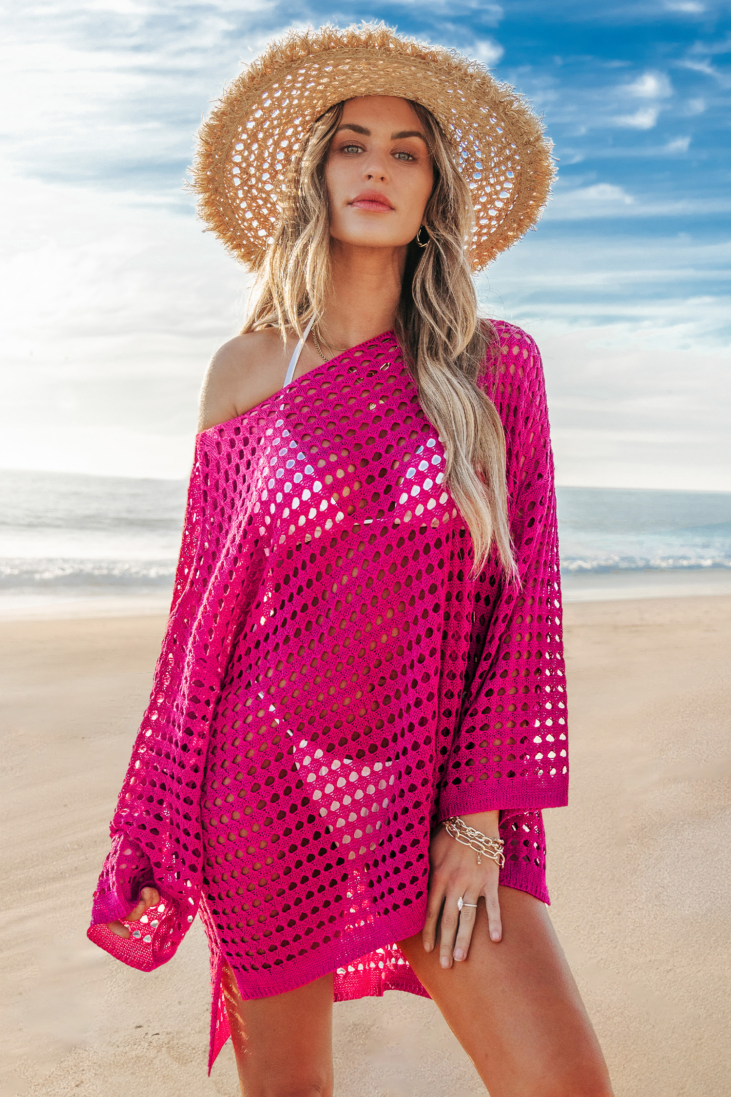 Fuchsia Long Sleeve Cover-Up Top