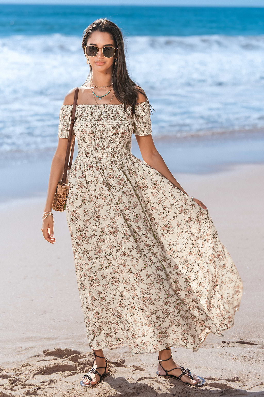 Pink Floral Off-Shoulder Maxi Dress