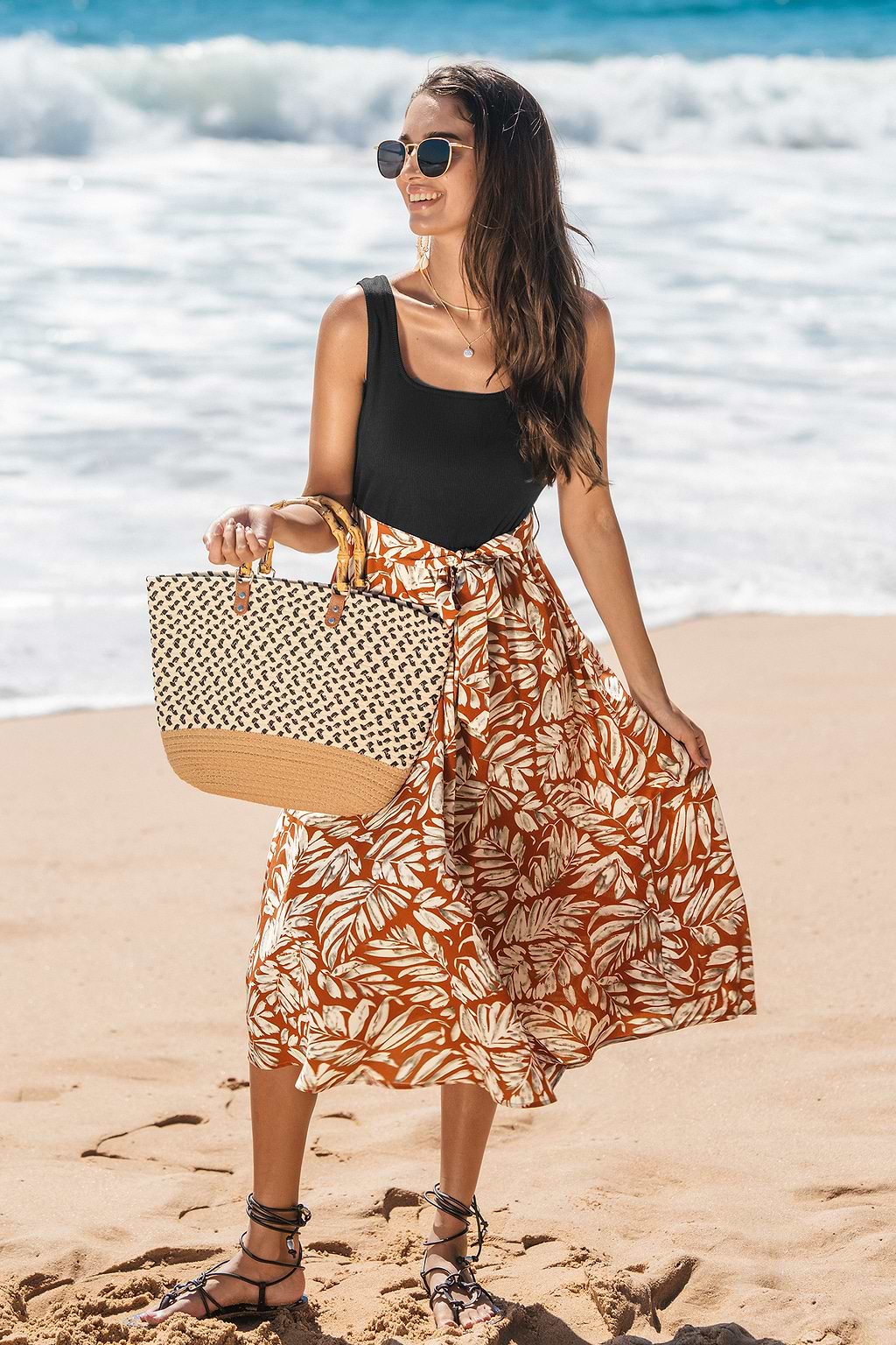 Robe à col carré tropicale à palmiers
