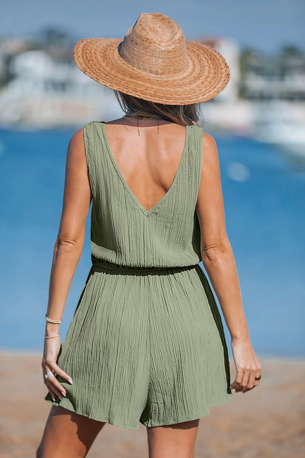 Olive Green V-Neck Button Front Romper