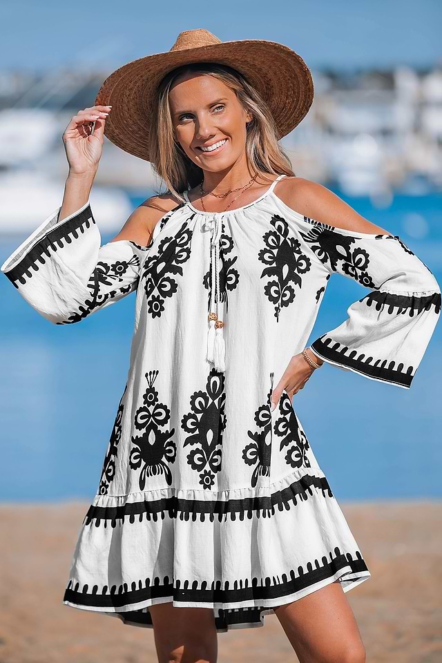 Black & White Ornate Cold Shoulder Mini Dress