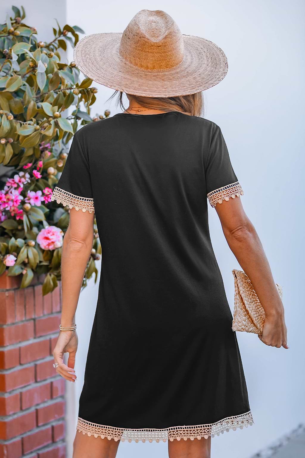 Black Lace Trim V-Neck Mini Dress