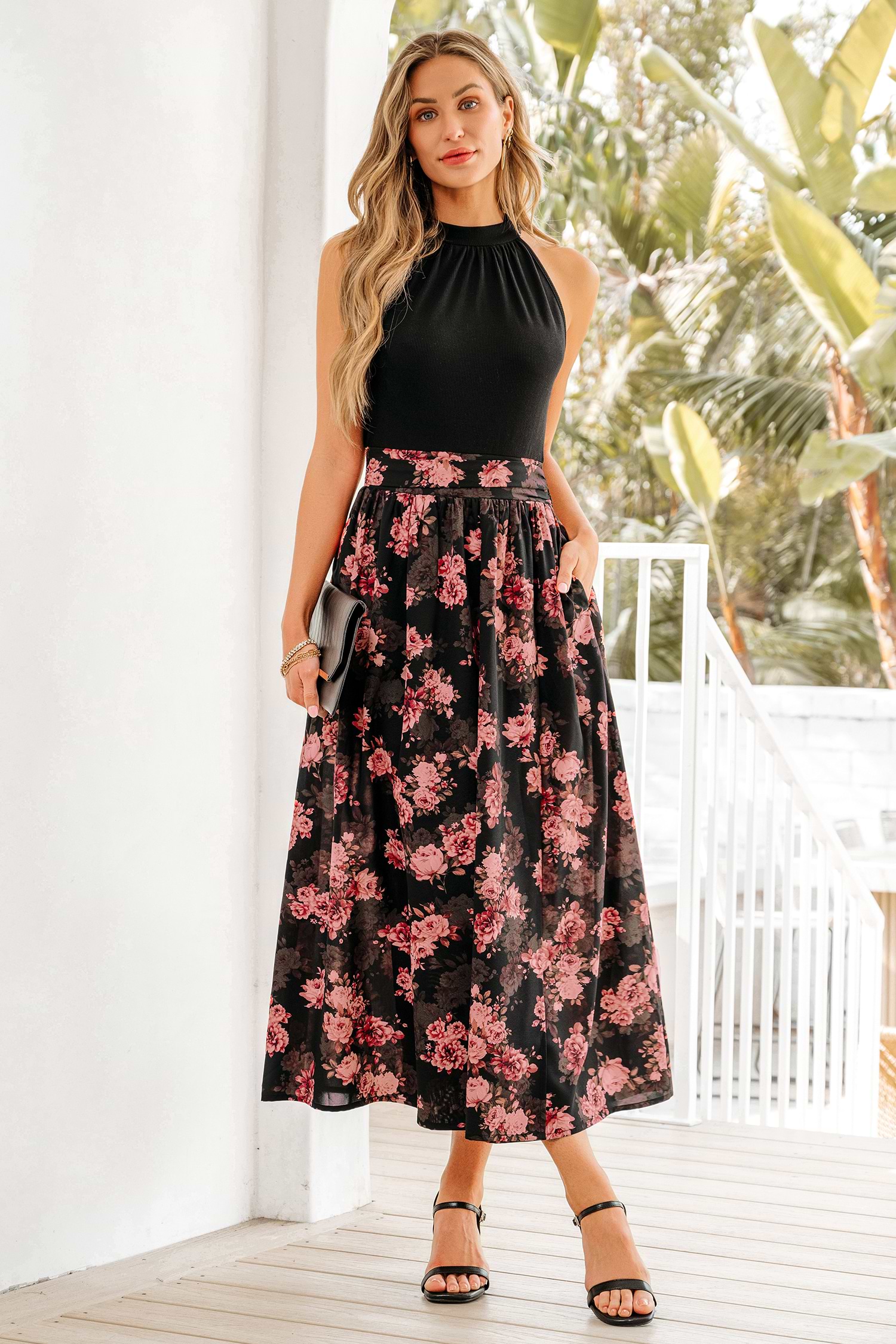 Acka all sheer flower dress（beige） Meaningful Glances Floral Chiffon Halter Maxi Dress (Sand