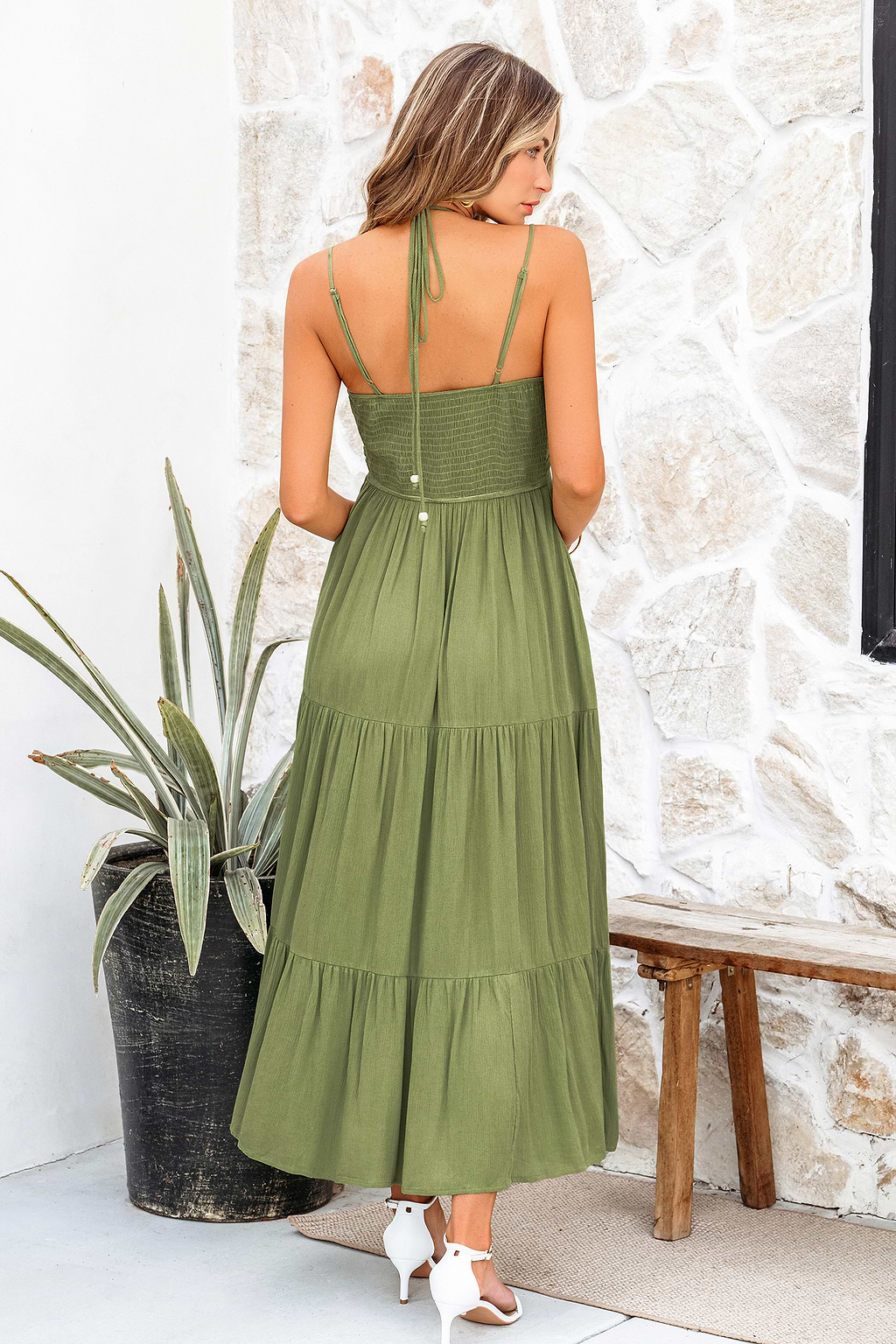 Olive Green Notched Neck Halter Midi Dress