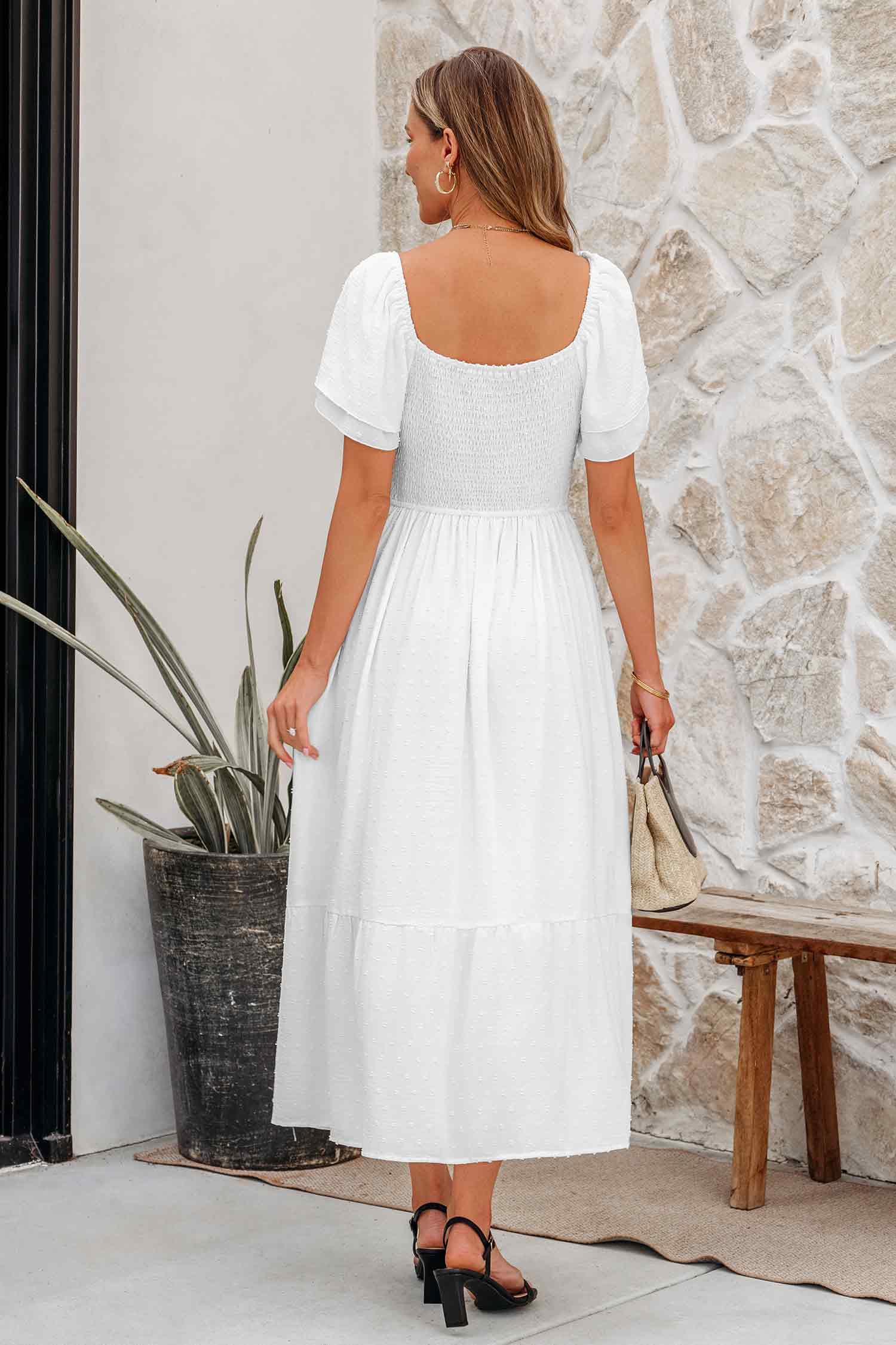 White Swiss Dot Ruffled Maxi Dress