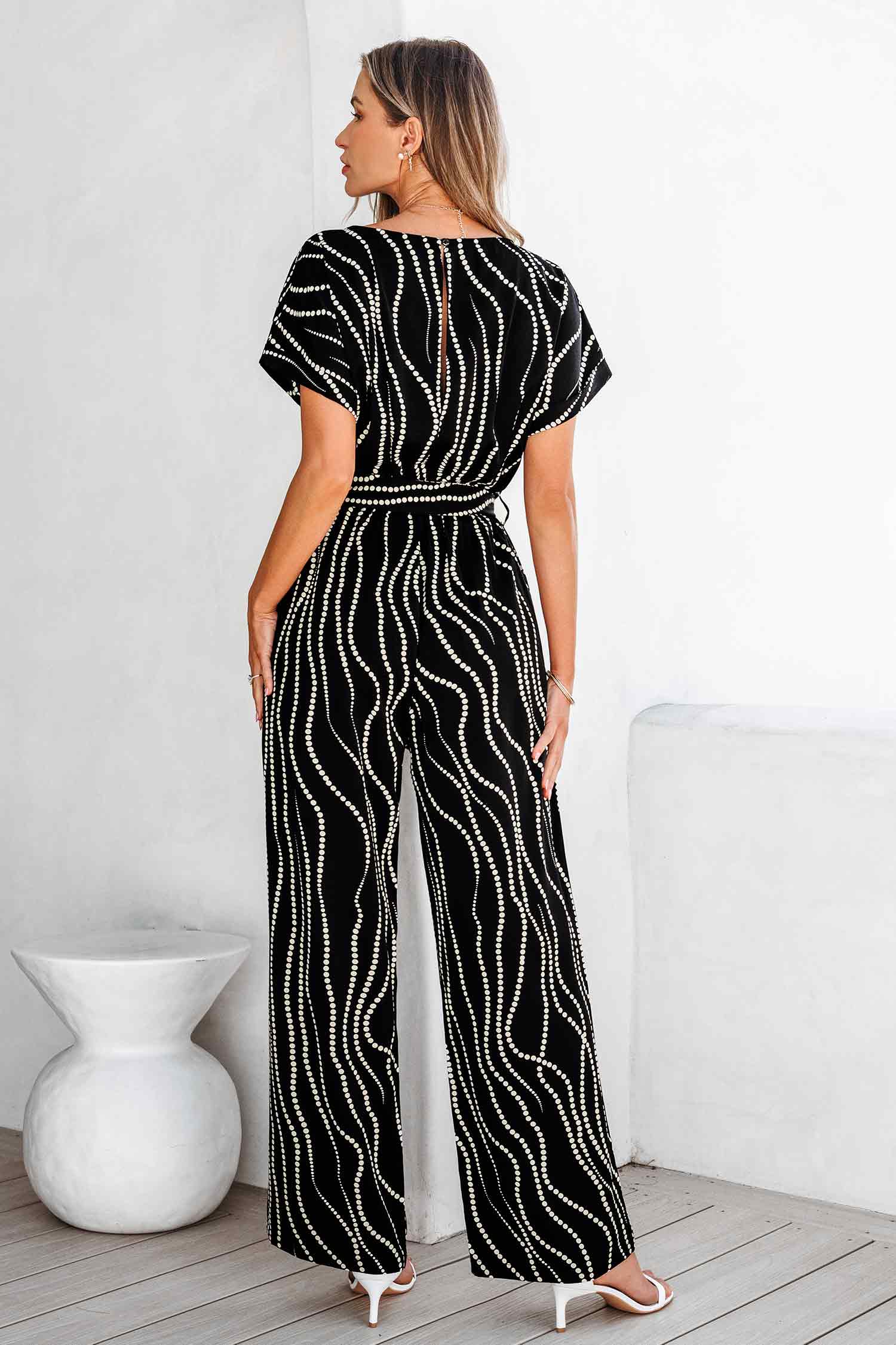 Abstract Dot Boatneck Wide Leg Jumpsuit