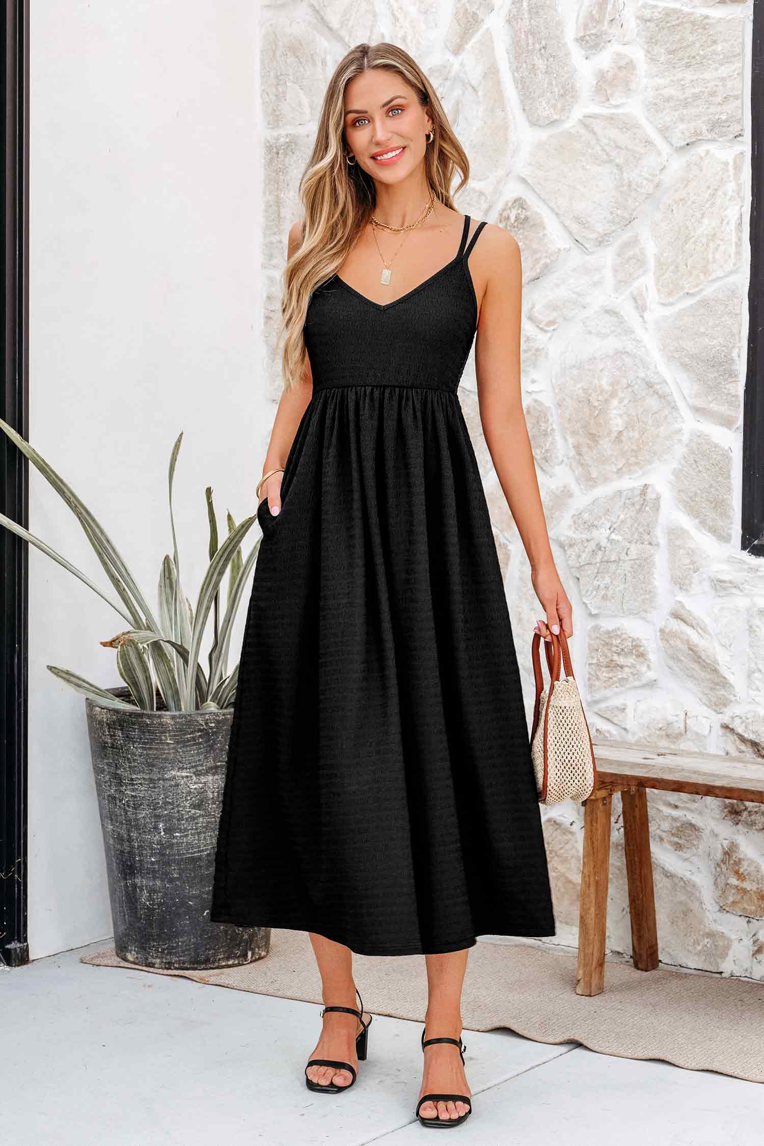 Black Classic Strappy Midi Dress