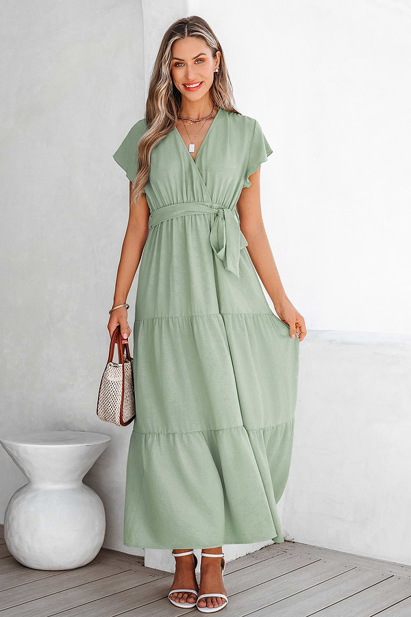 Sage Green Surplice Ruffled Maxi Dress