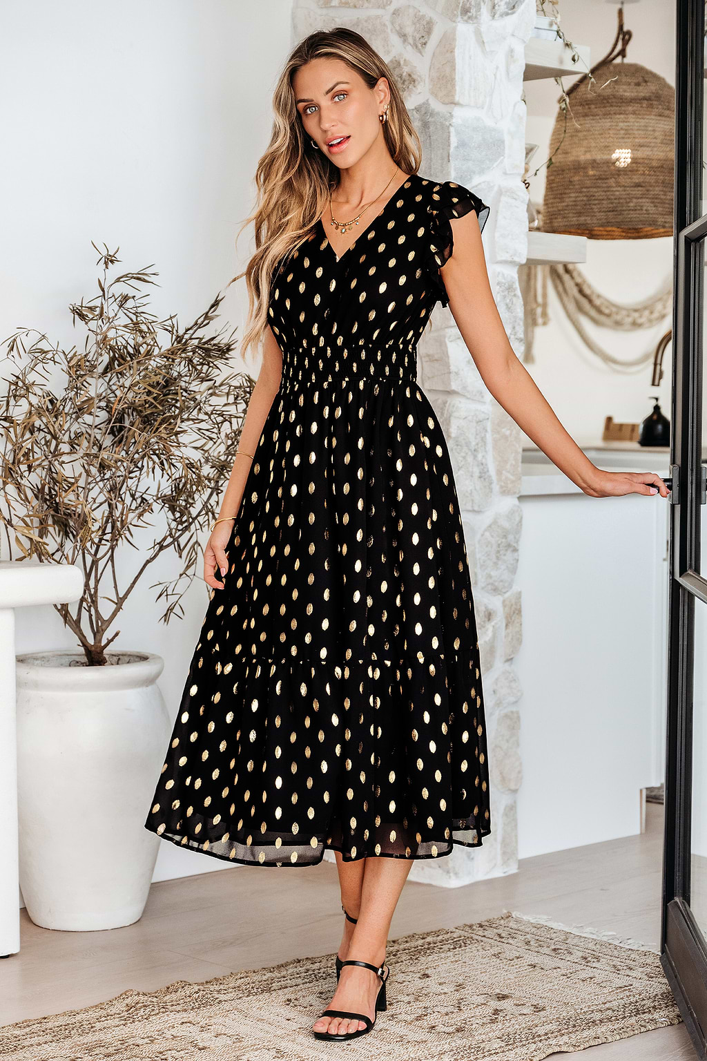 Goldenrod Fields Polka Dot Short Sleeve Maxi Dress
