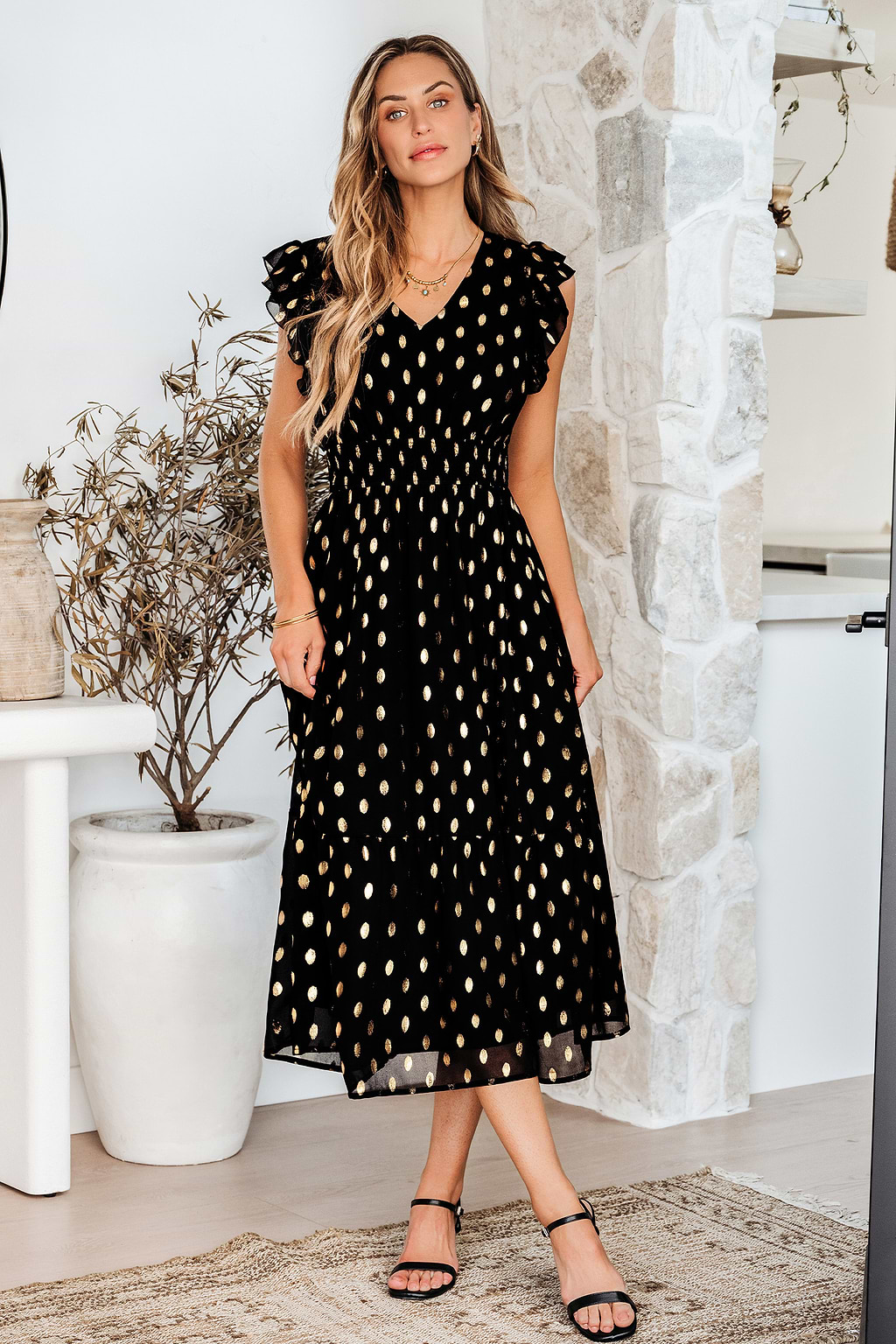 Goldenrod Fields Polka Dot Short Sleeve Maxi Dress