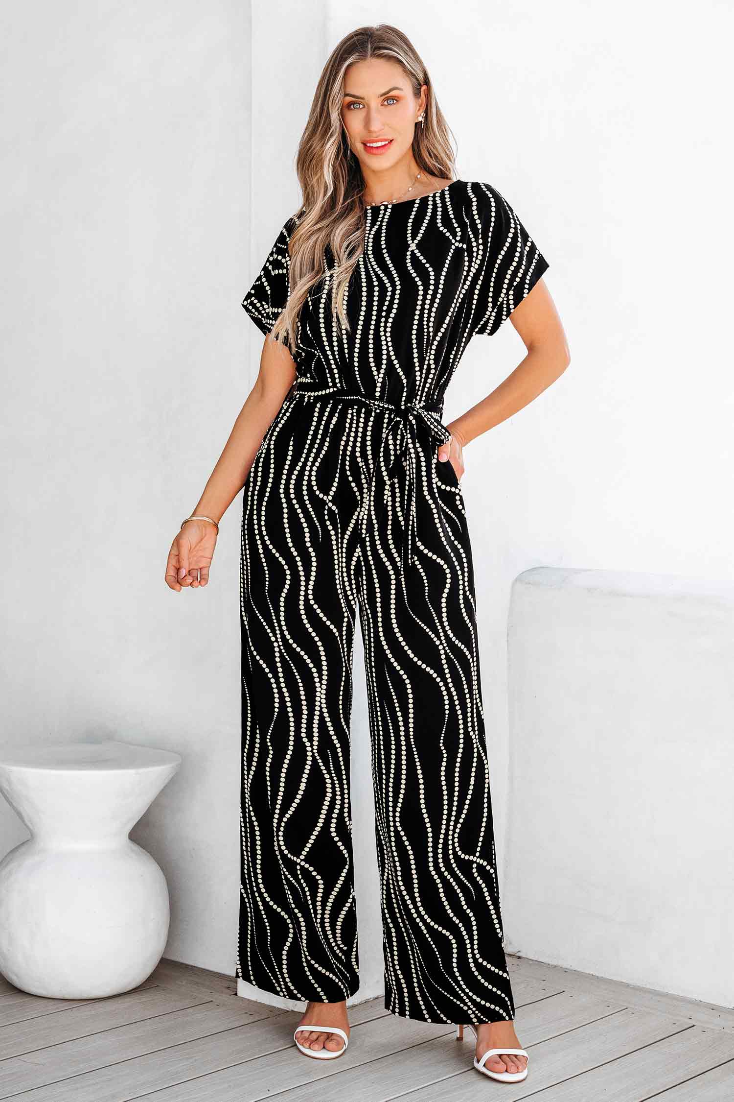 Abstract Dot Boatneck Wide Leg Jumpsuit