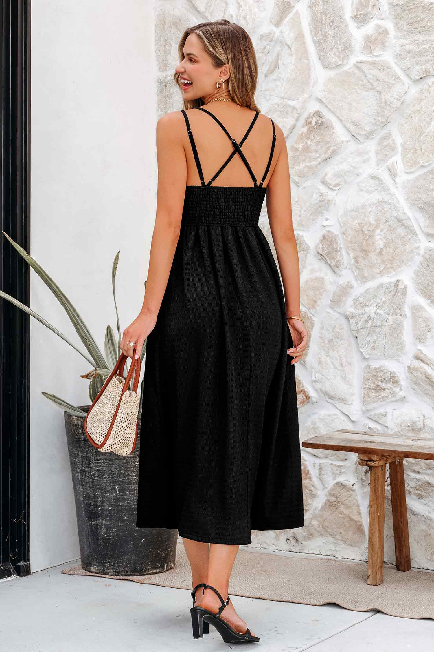 Black Classic Strappy Midi Dress