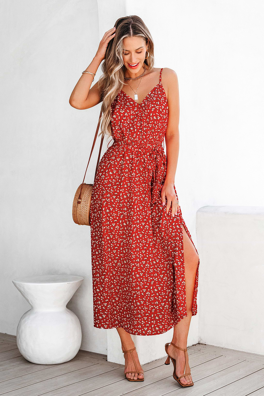 Ditsy Floral Surplice Neck Midi Dress