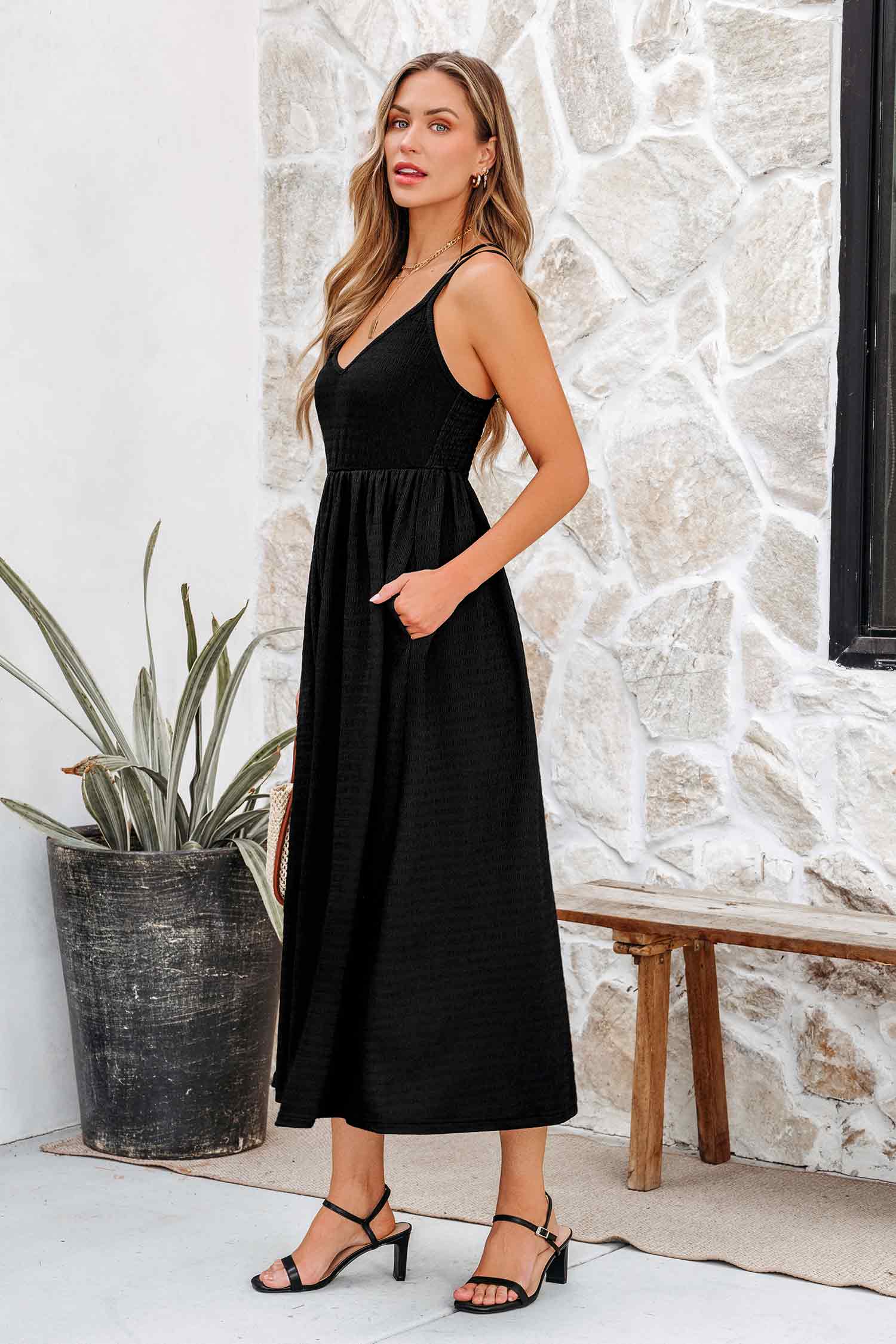 Black Classic Strappy Midi Dress