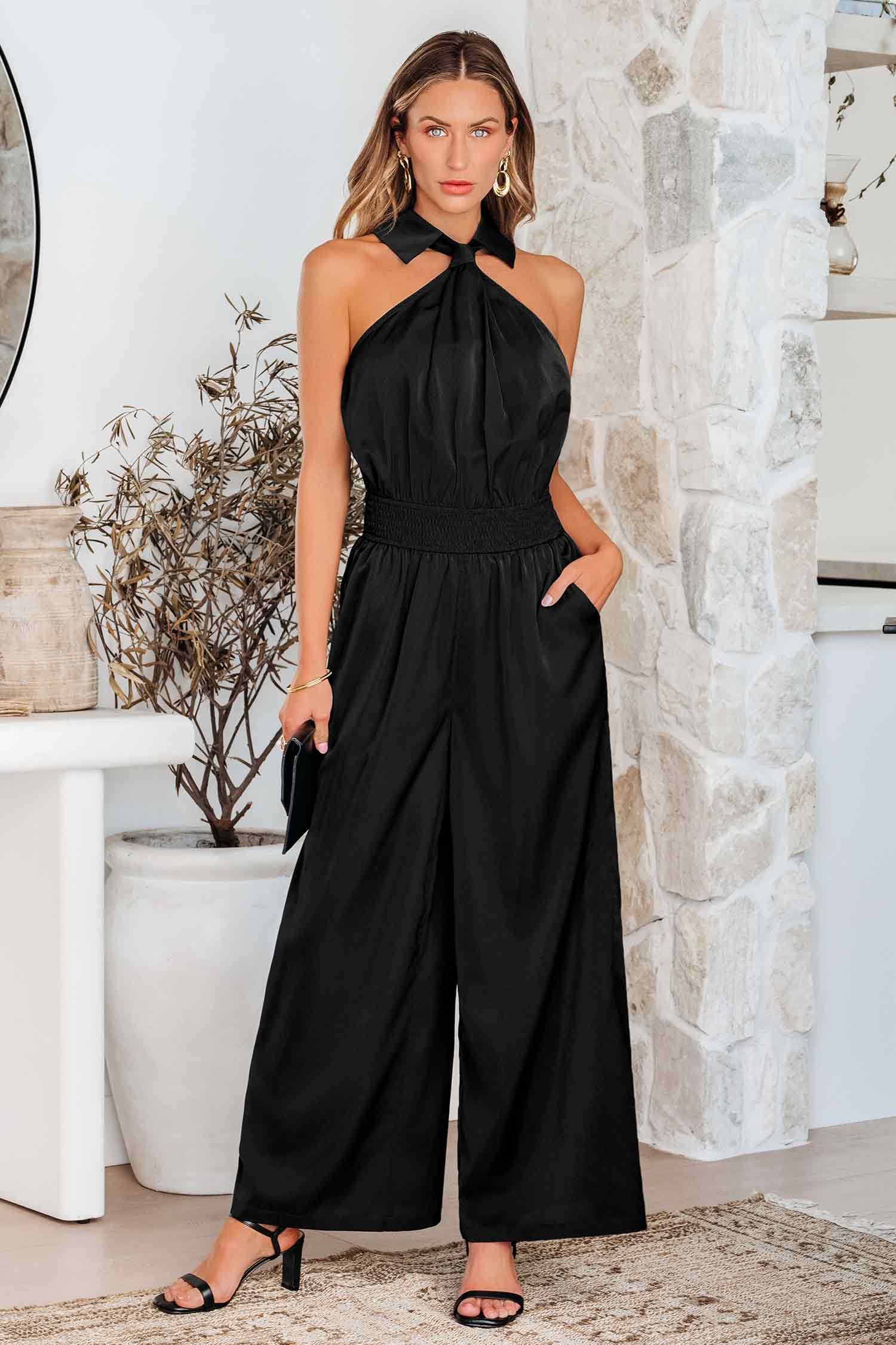 Black Collared Sleeveless Jumpsuit