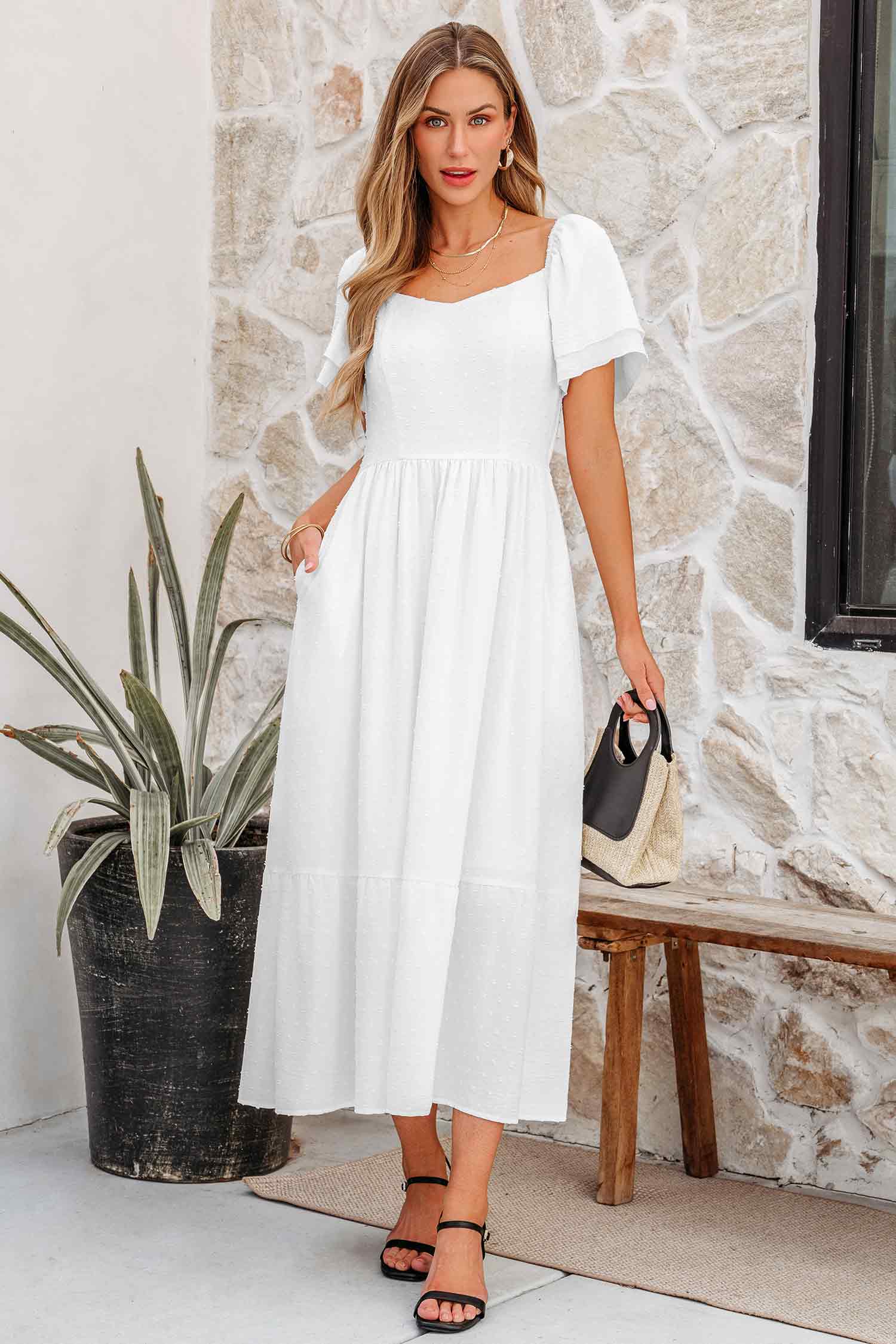 White Swiss Dot Ruffled Maxi Dress