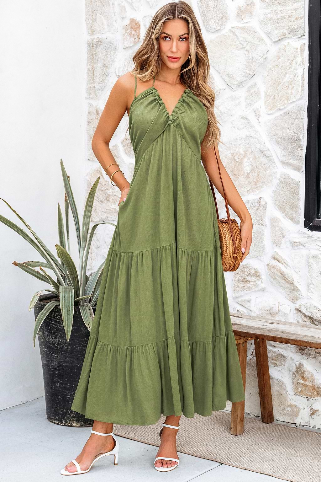 Olive Green Notched Neck Halter Midi Dress