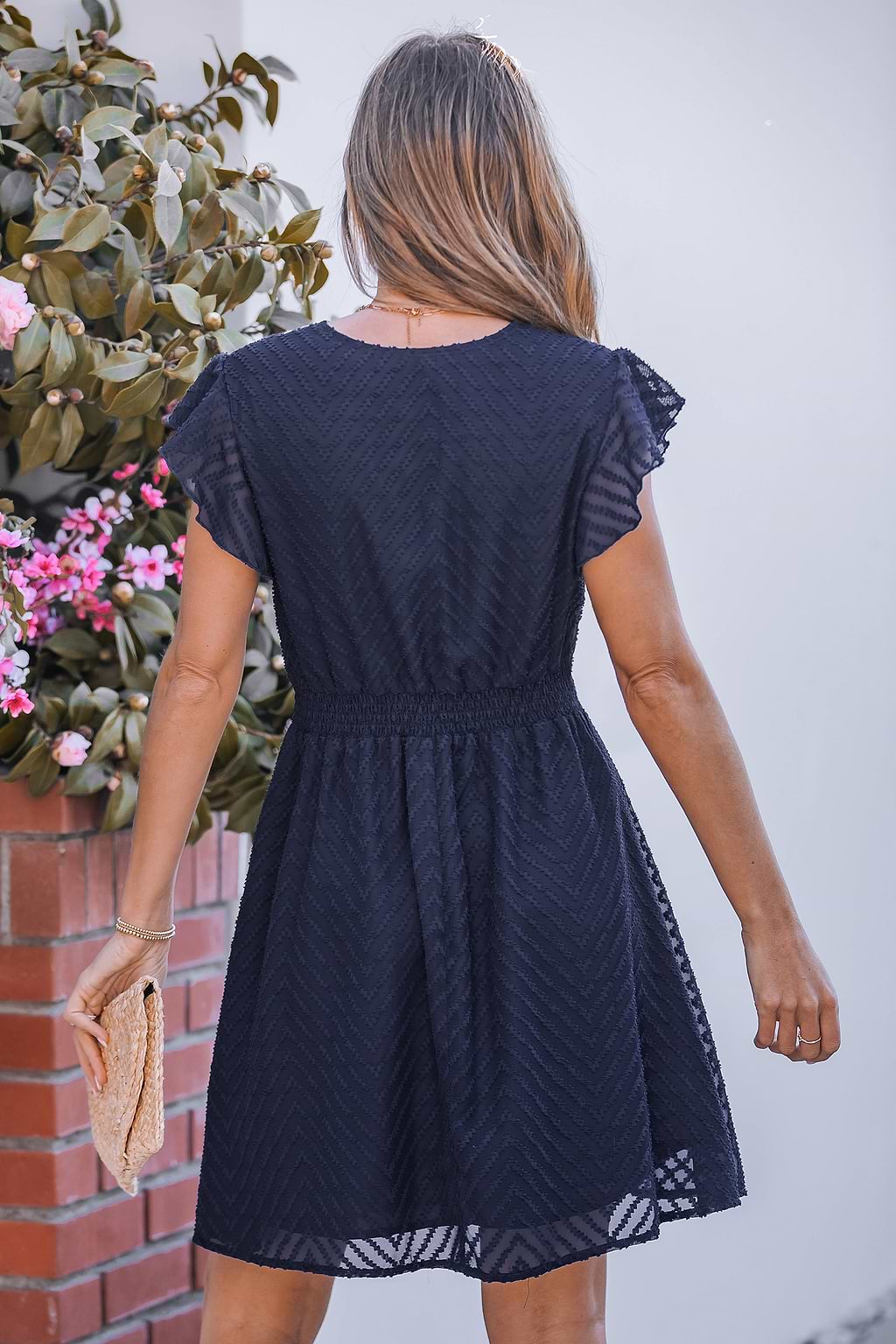 Navy V-Neck Flutter Sleeve Mini Dress