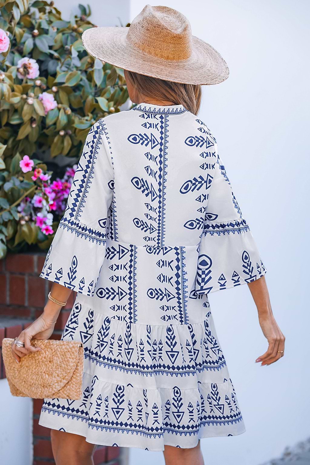 Blue Geo Print Notched Neck Mini Dress